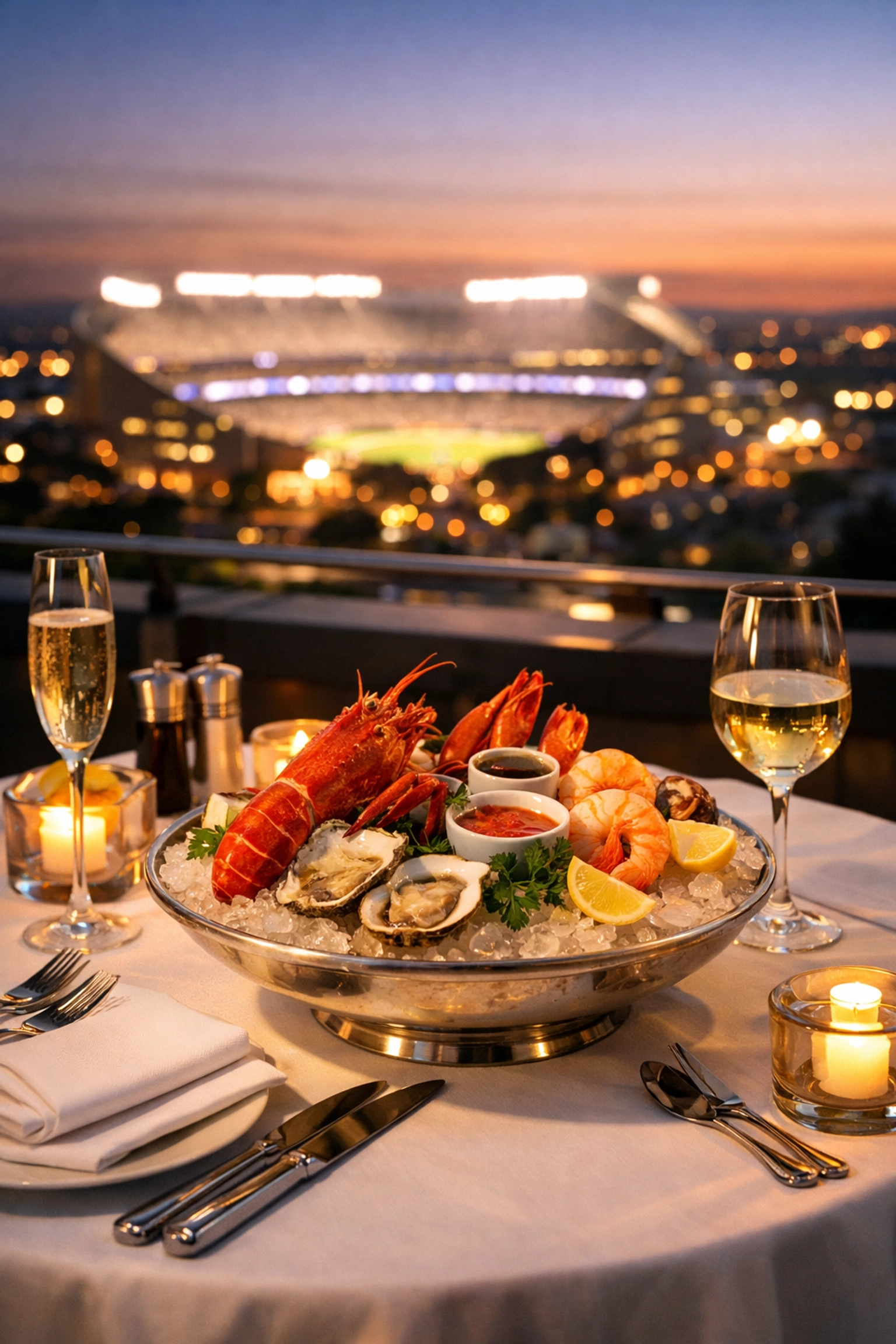 Exclusive Super Bowl hospitality dining on a rooftop terrace overlooking the stadium at sunset.