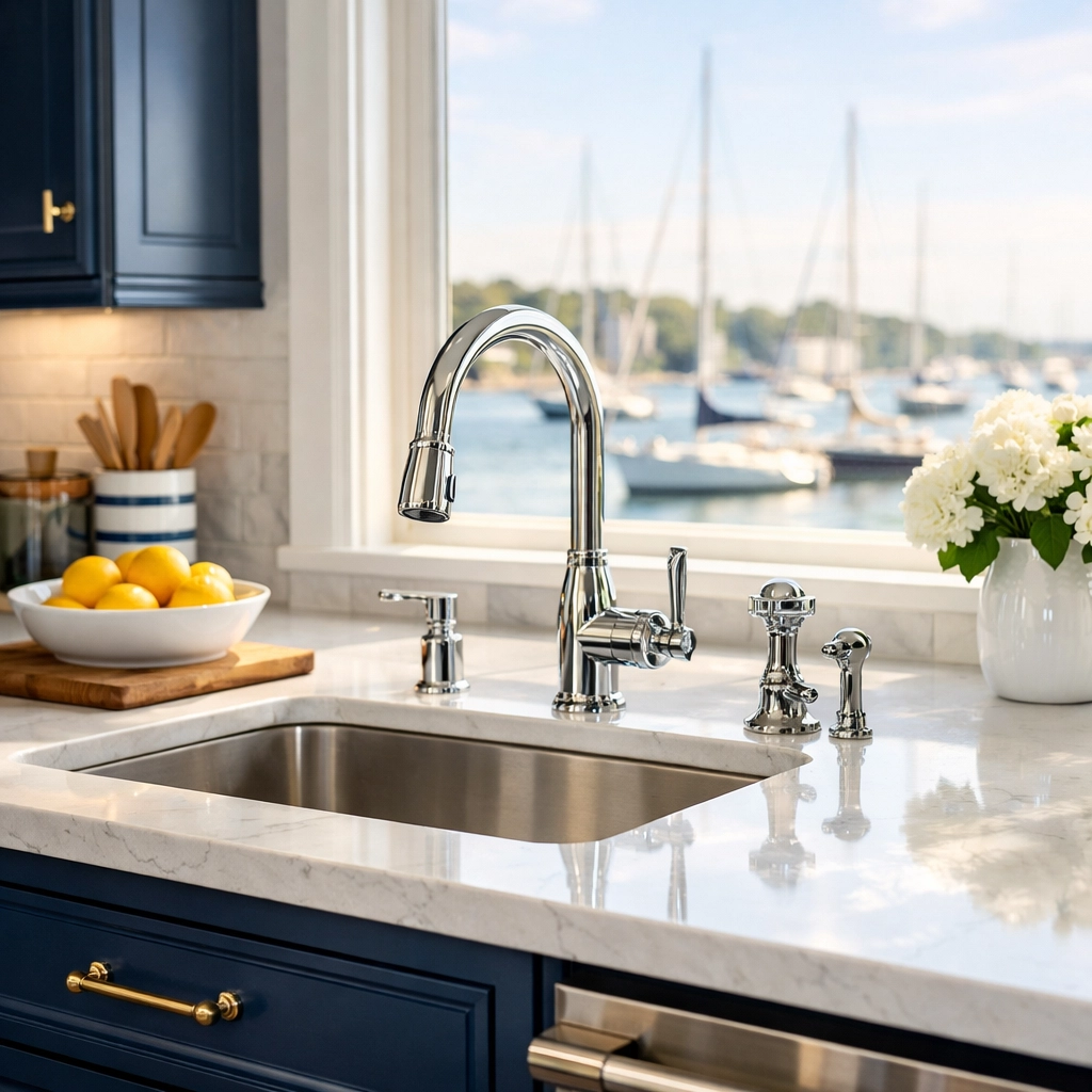 Polished Marblehead kitchen with harbor views maintained by professional house cleaning Marblehead services.