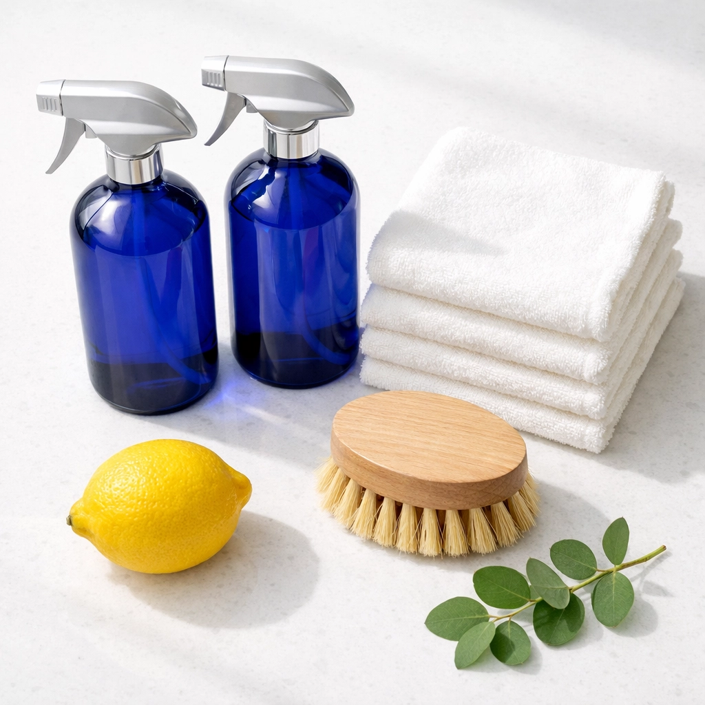 Eco-friendly cleaning supplies provided by professional maid services Lowell for a safe and chemical-free home.