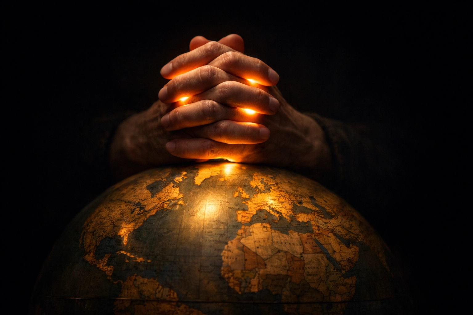 Hands clasped in prayer over an illuminated globe, showing the shift from news anxiety to global intercession.