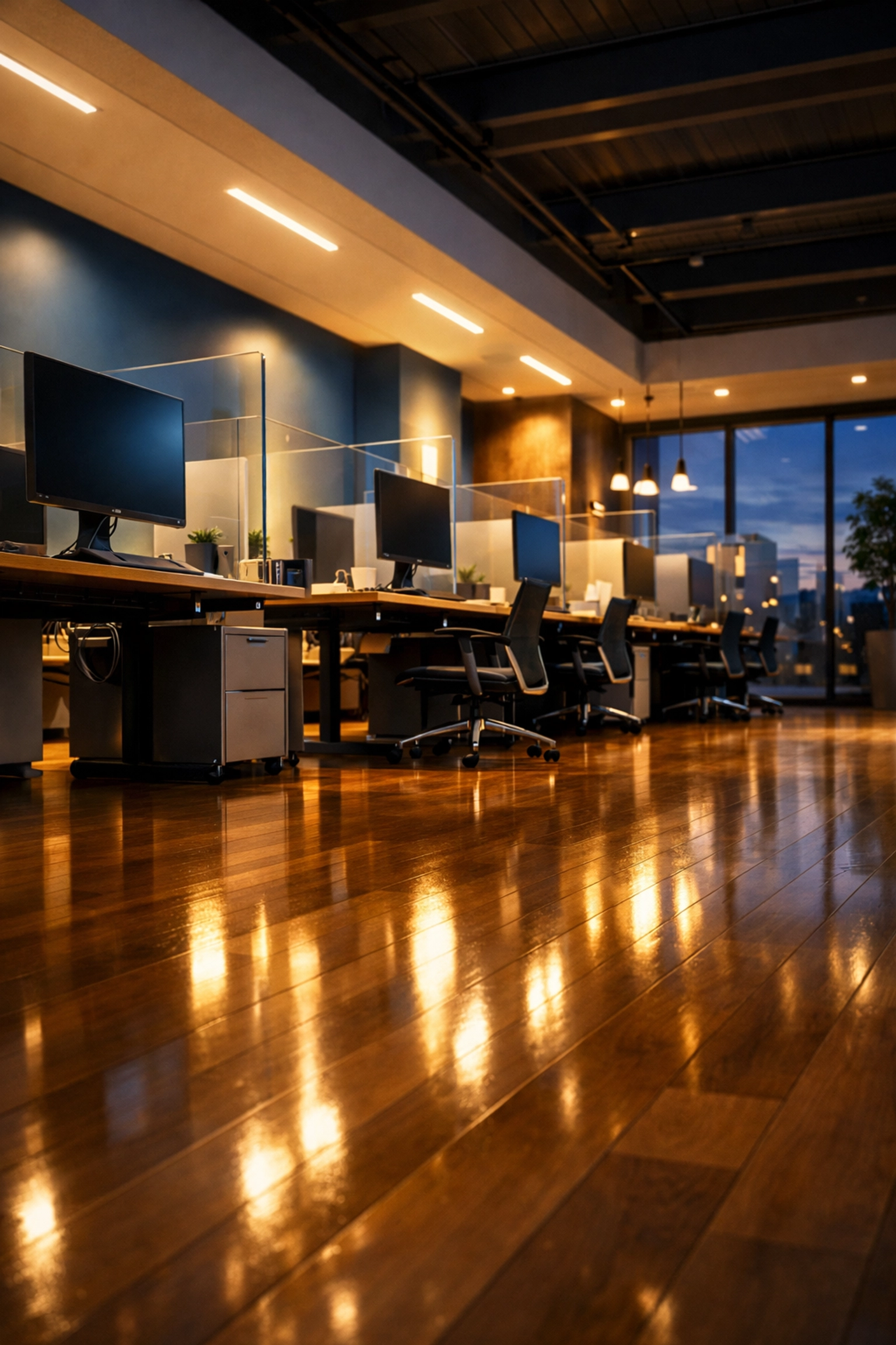 Clean office workstations and gleaming hardwood floors after professional overnight commercial cleaning.