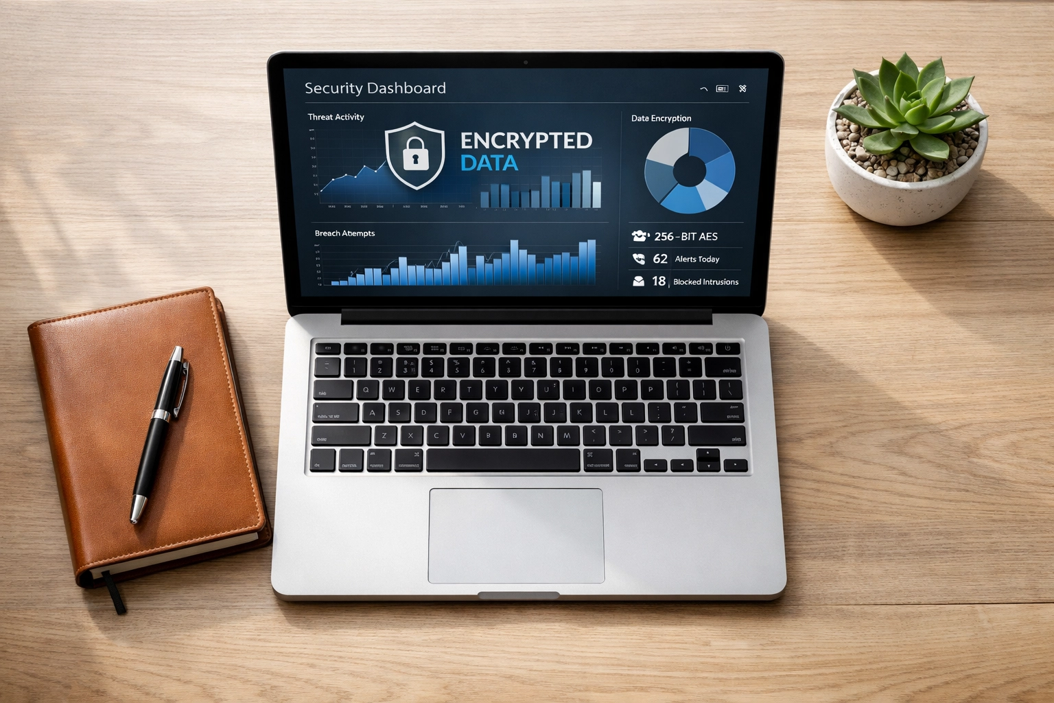 Modern workspace with laptop displaying WISP compliance security dashboard for self employed bookkeeping