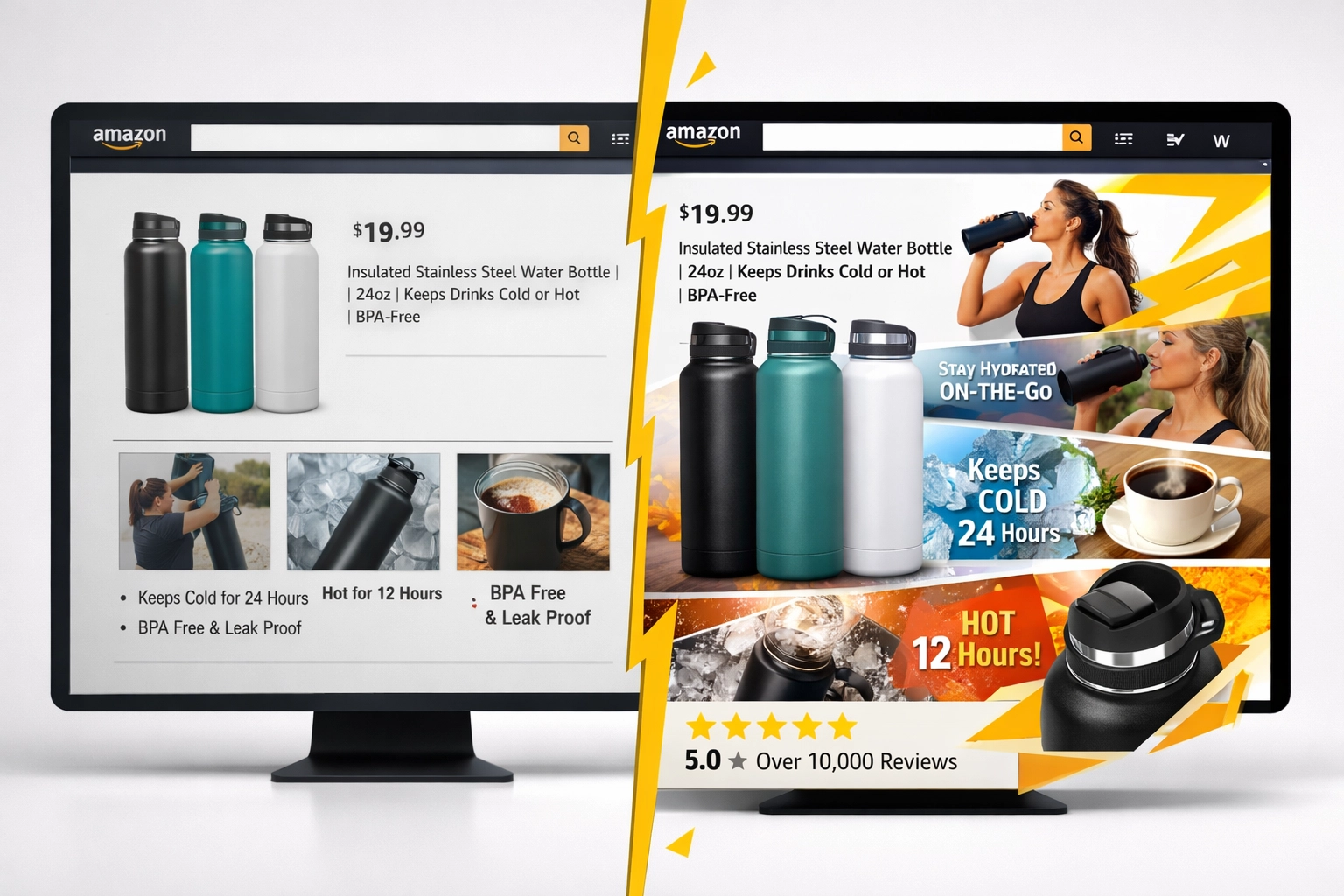 Before and after comparison of Amazon listing optimization improvements