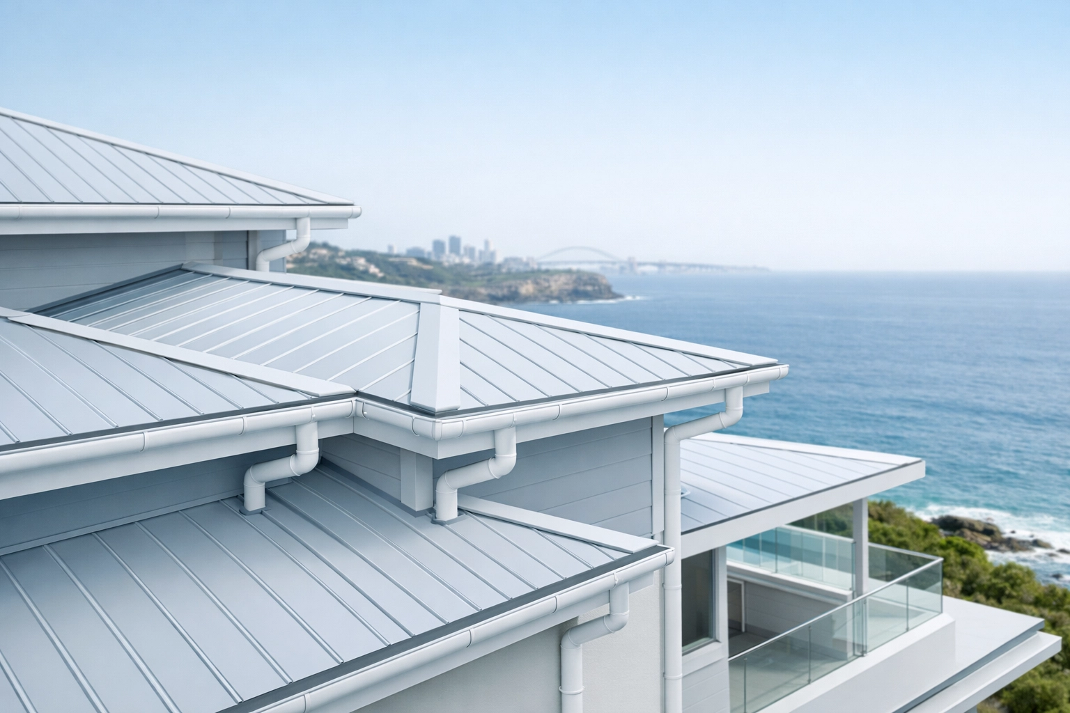 Multi-level metal roofing on a Northern Beaches home featuring an expert drainage system with clean downpipes.