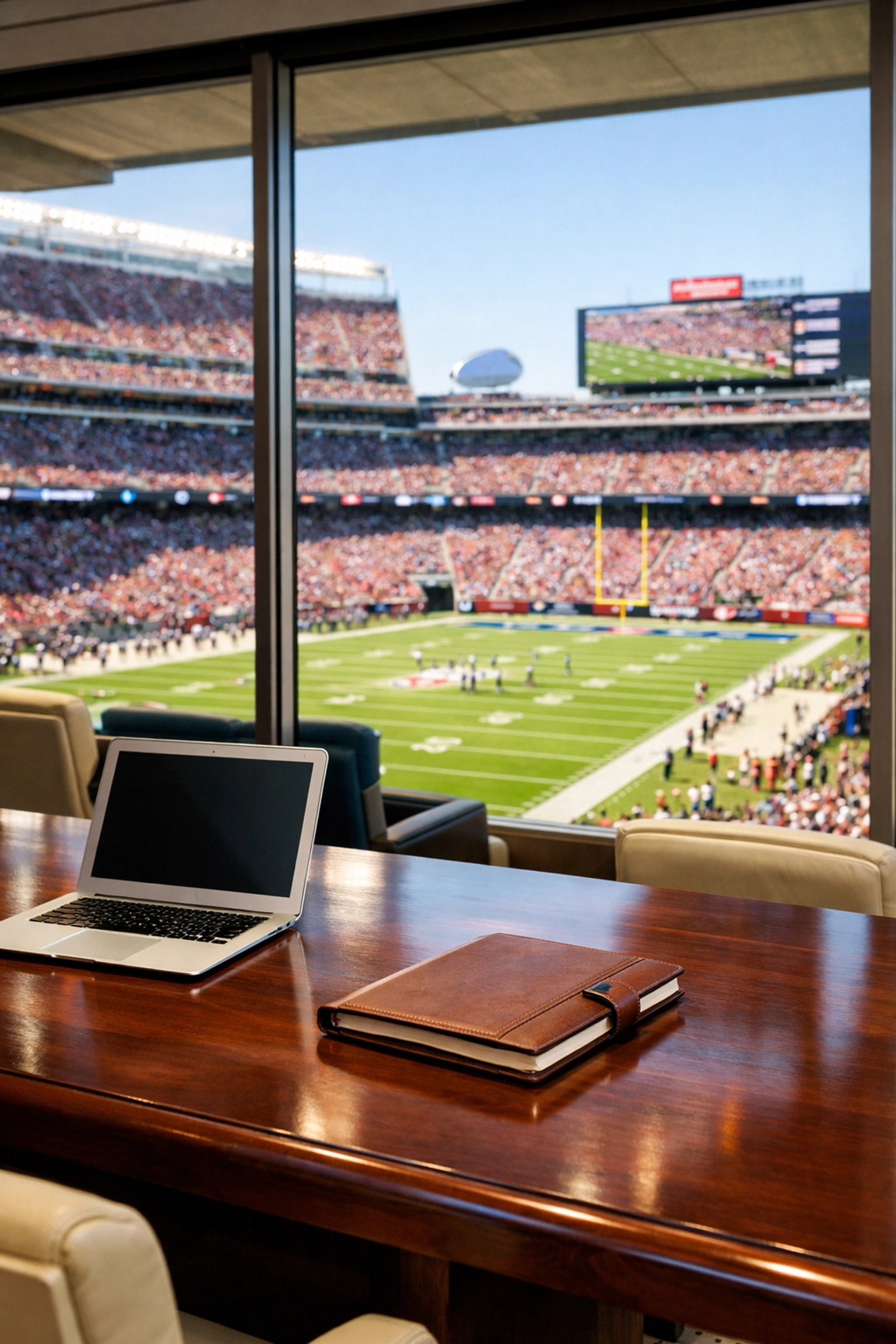 Luxury corporate stadium suite overlooking a football field, highlighting executive branding and strategic networking.