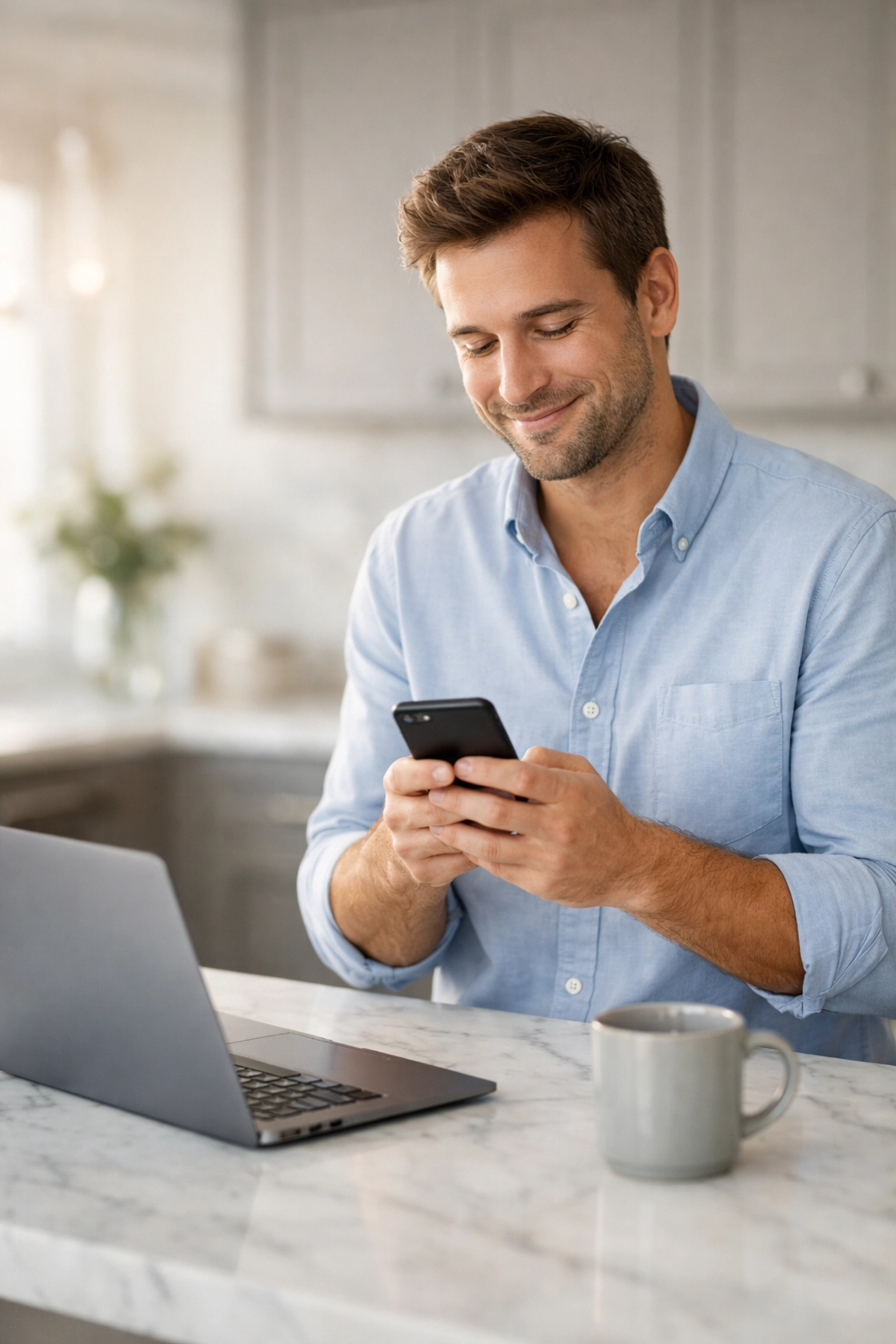 A relieved man checking his phone after receiving an instant e-transfer installment loan.