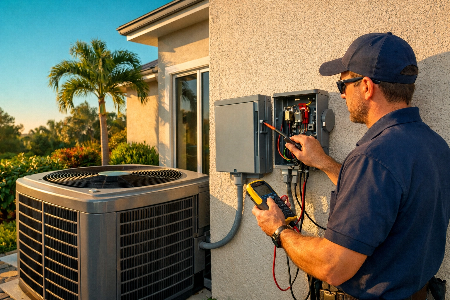Technician working on outdoor electrical systems to improve home efficiency and avoid AC repair Florida.