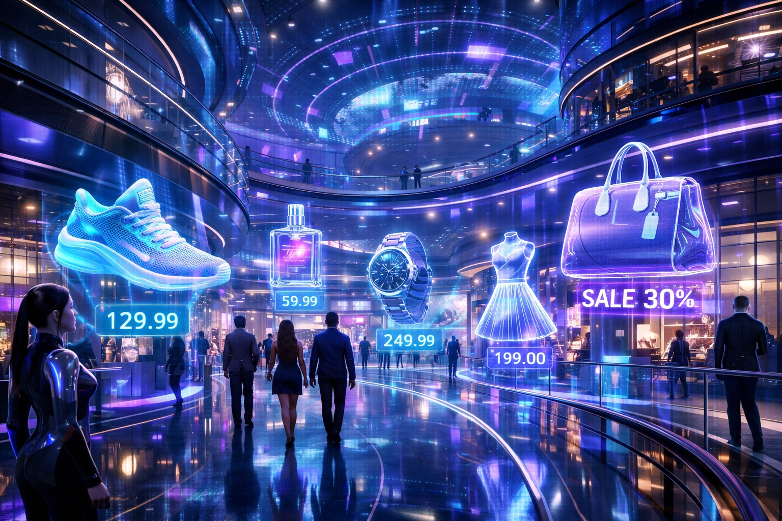 Futuristic metaverse shopping mall with avatars browsing holographic product displays