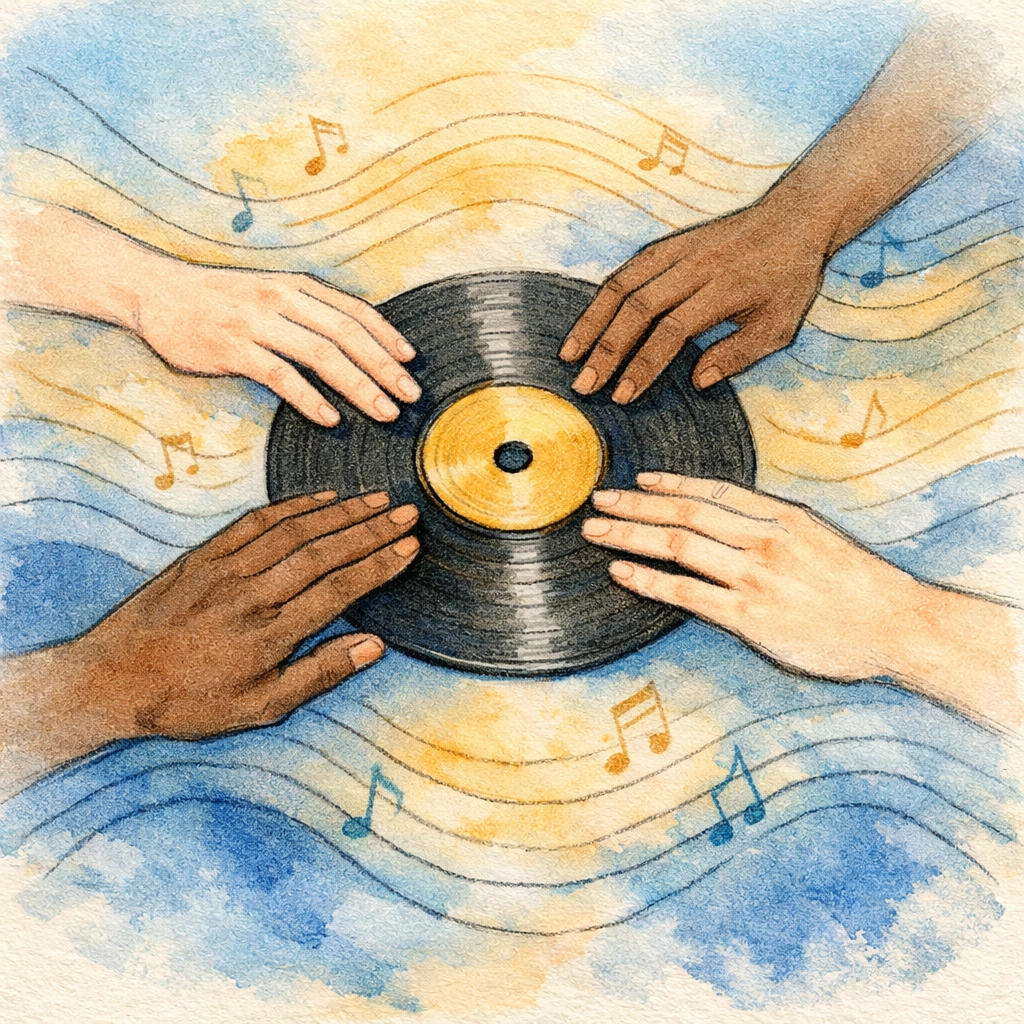 Diverse hands reaching together toward vinyl record symbolizing Memphis Soul unity and harmony