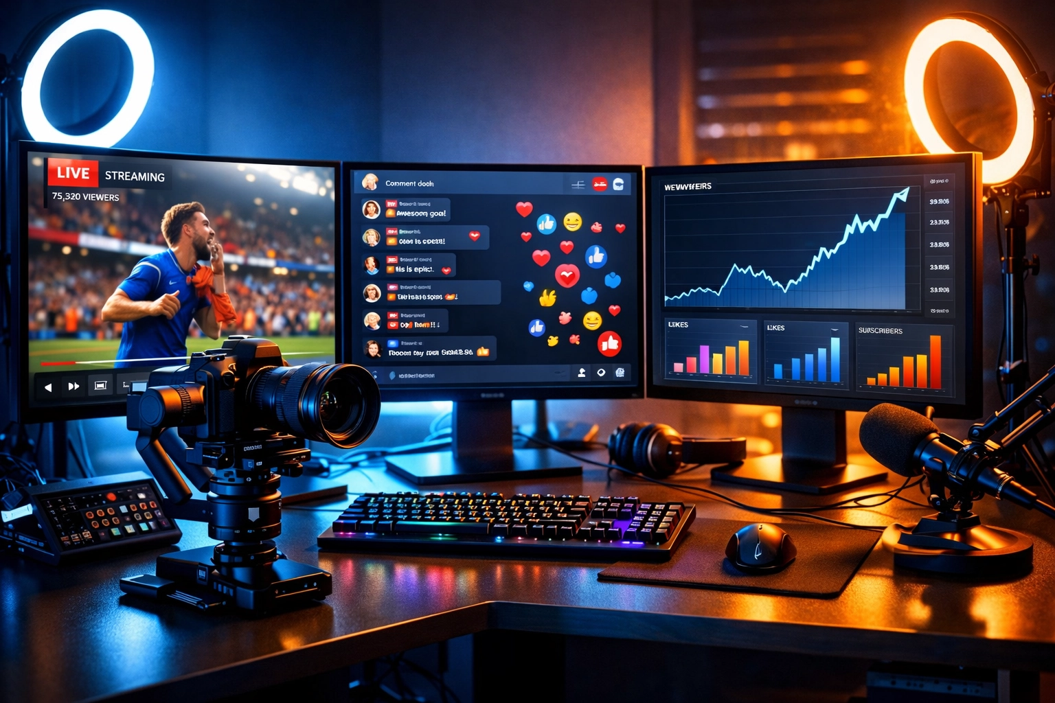 Multi-platform content creator setup with monitors showing live sports event and social media analytics