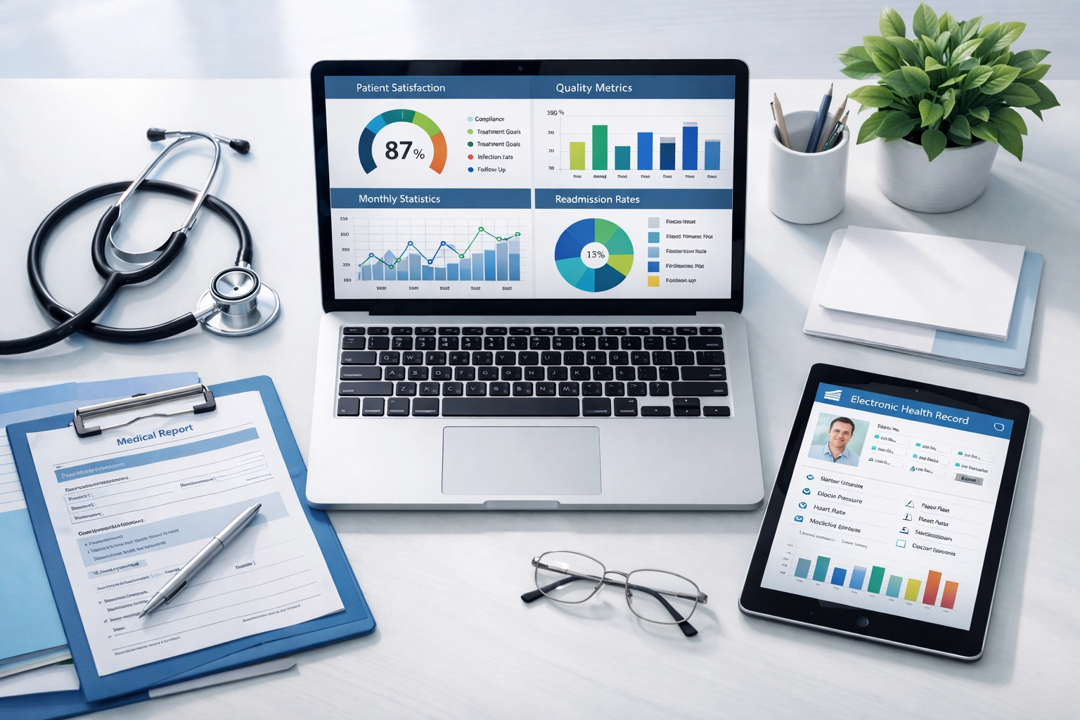 Medical office desk showing MIPS quality measure dashboards and healthcare documentation tools