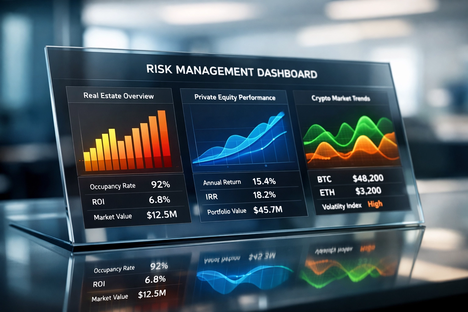 Risk management dashboard monitoring real estate, private equity, and crypto performance