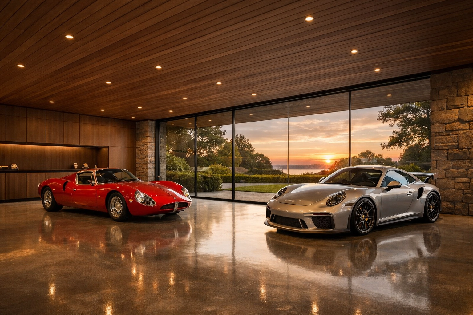 Luxury car collection in a Greenwich private garage protected by agreed value insurance.