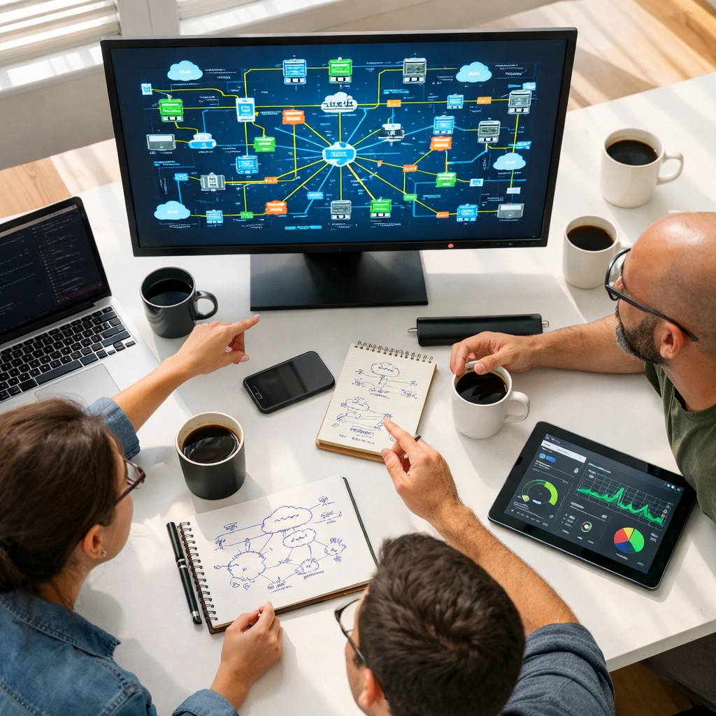 IT team reviewing ServiceNow CMDB automation and network topology for configuration management