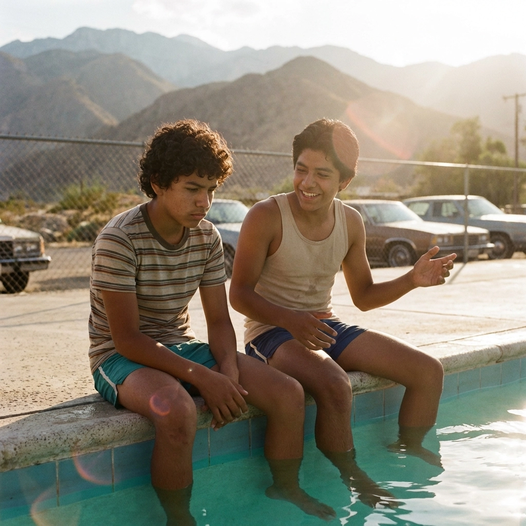 Two Latino teenage boys at pool edge in 1980s El Paso - Aristotle and Dante MM romance beginning