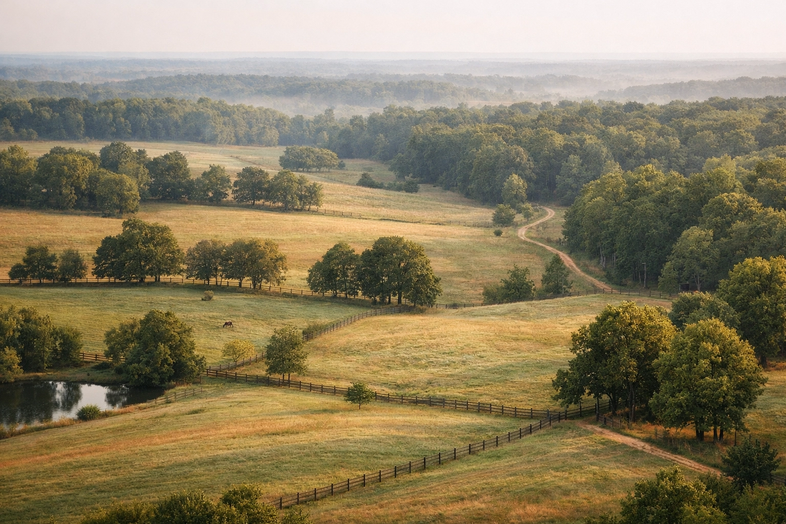 Rolling pastures and countryside landscape of Waxhaw NC horse farm country