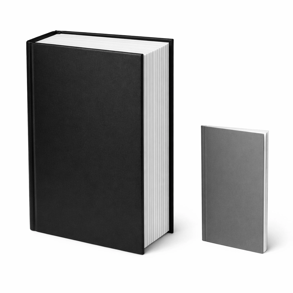 Side-by-side comparison of thick 400-page novel versus slim 80-page novella