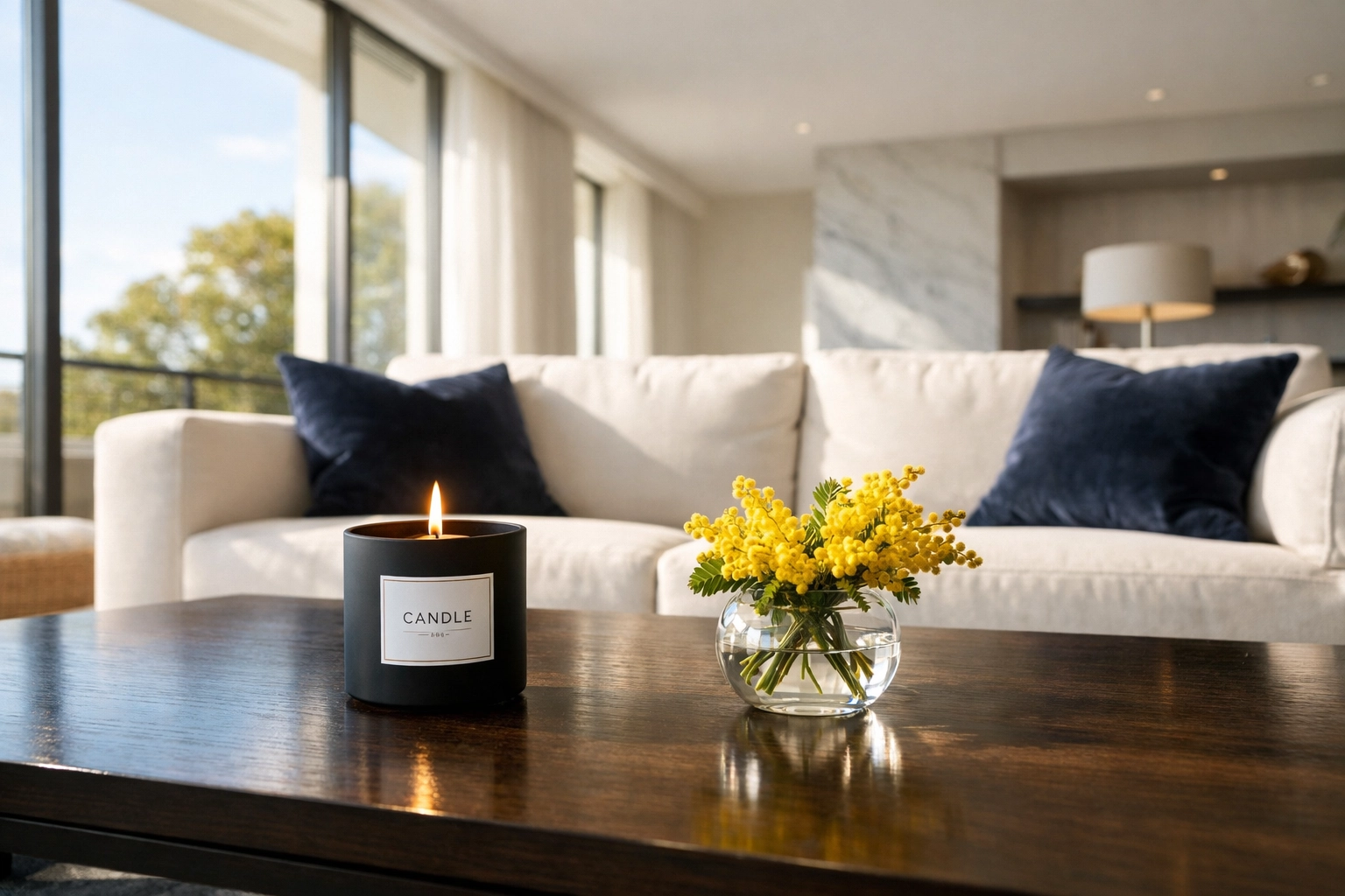 Modern living room with a clean coffee table and candle, ideal for a weekly house cleaning routine.