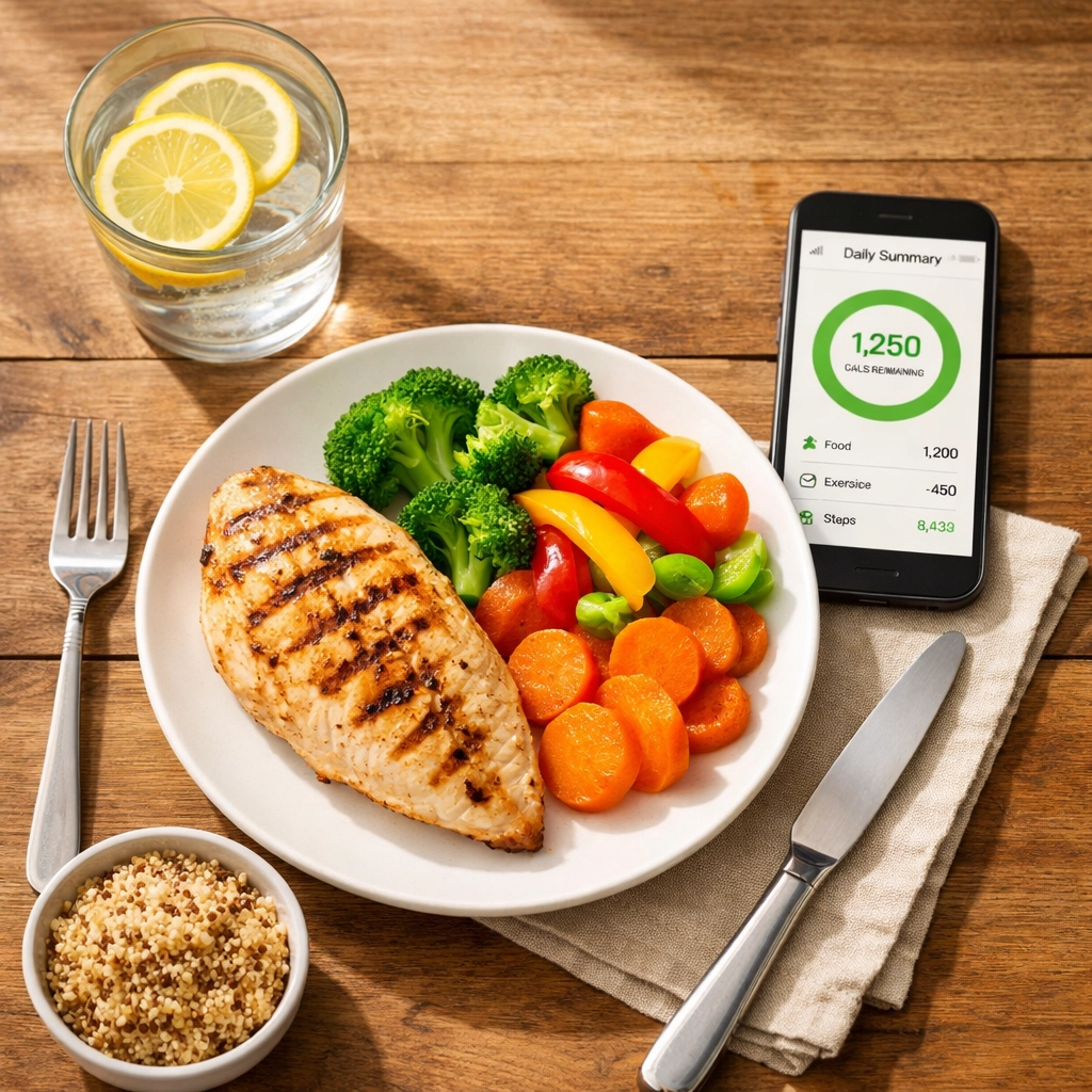 Healthy balanced meal with protein and vegetables for GLP-1 weight loss success