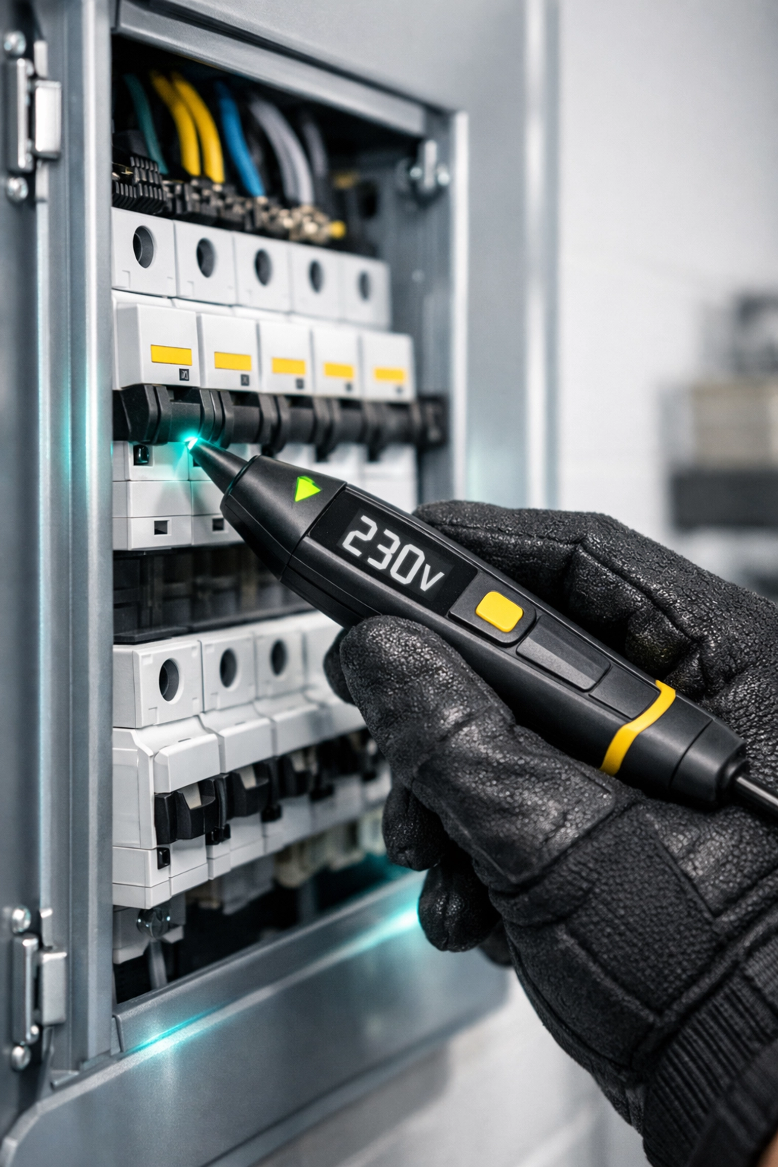 Electrician testing a circuit breaker in a residential electrical panel for safety.