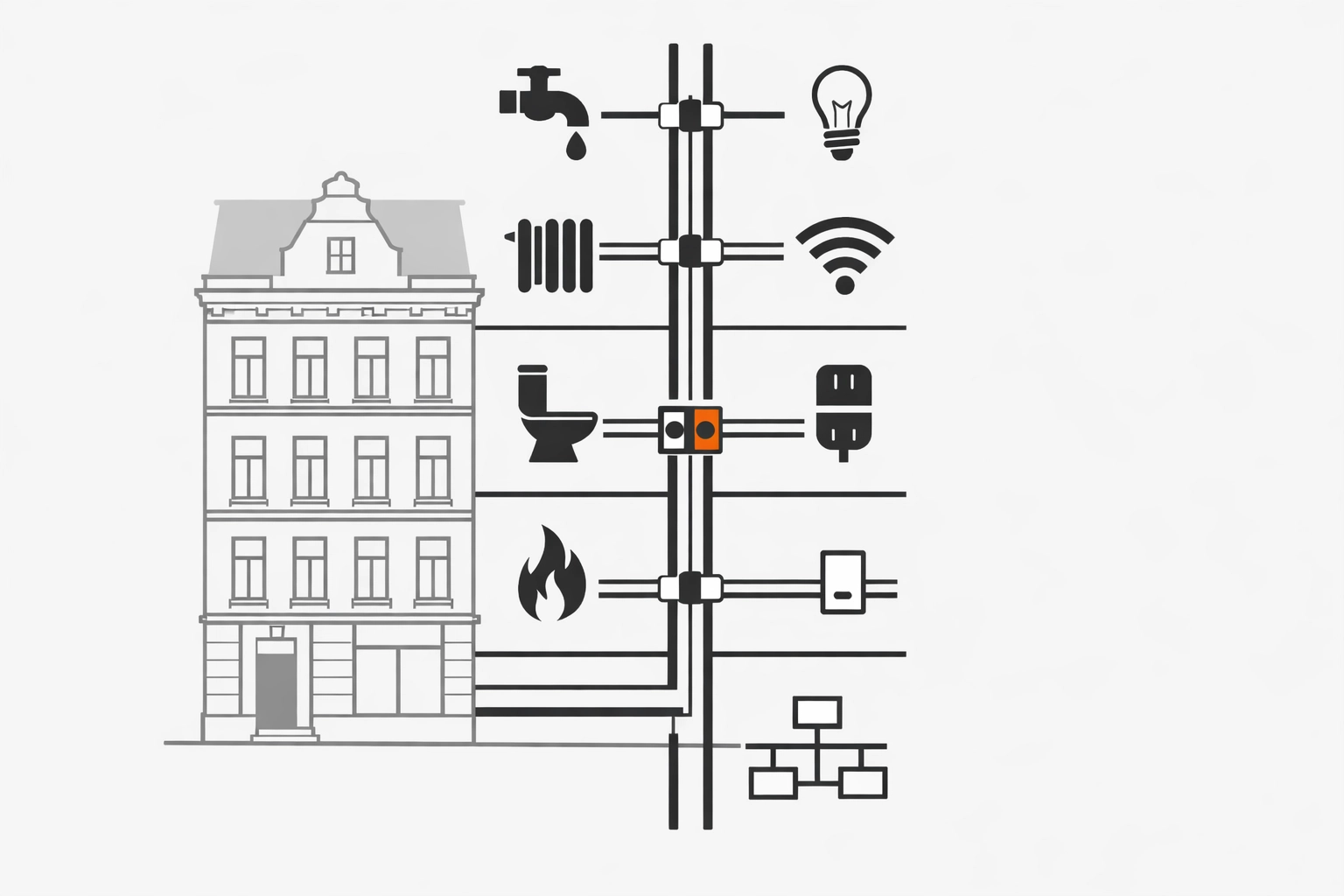 Gebäude-Infrastruktur & Steigleitung – Schema (Illustration im Elektro-Zentrum CI-Stil)