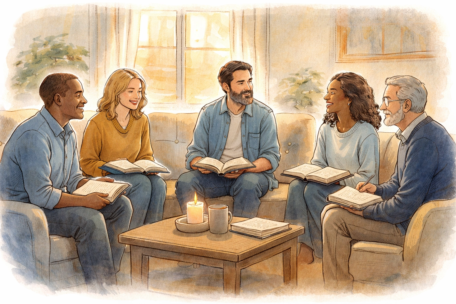 A small church group shares faith and conversation in a cozy living room, illustrating authentic Christian belonging.
