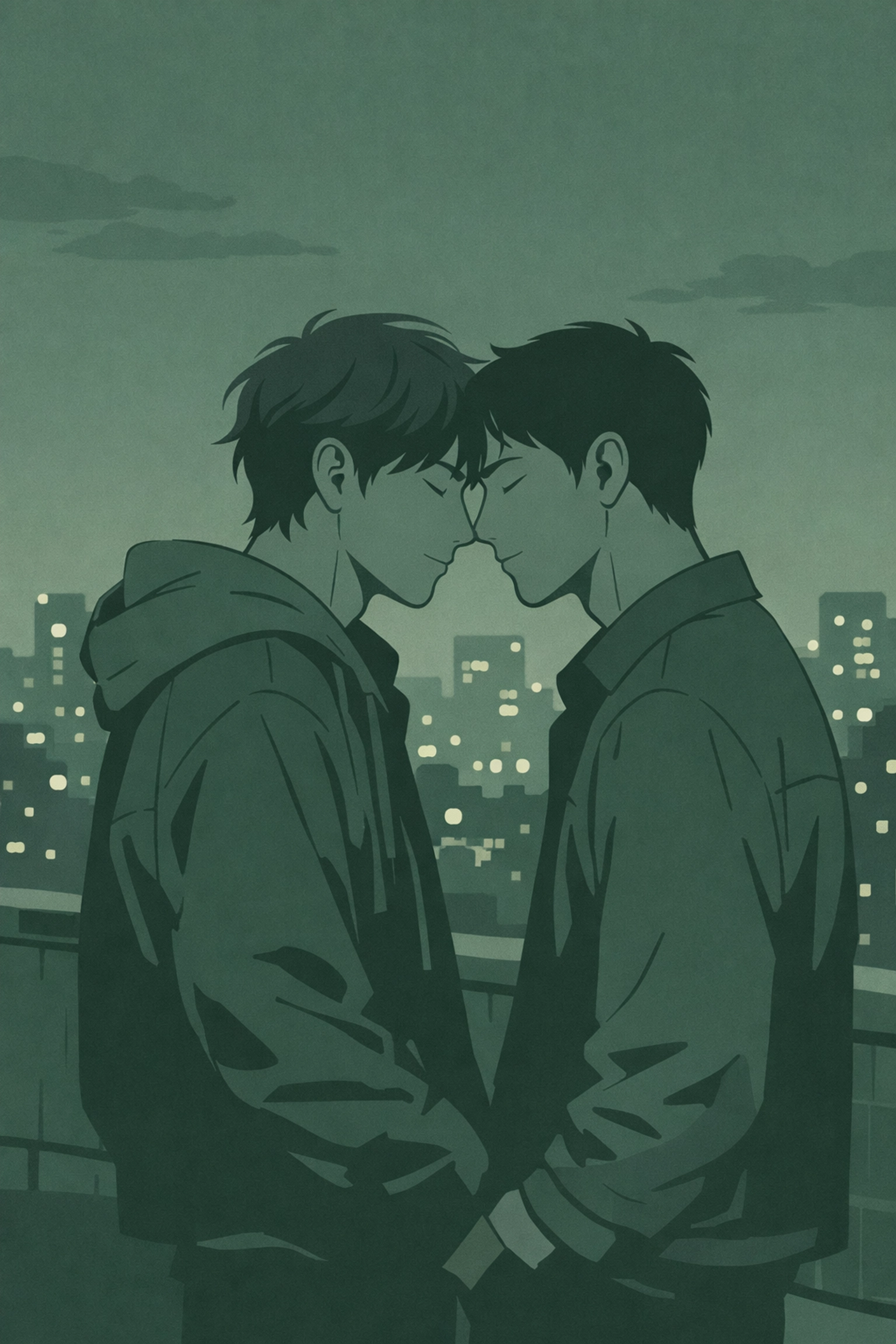 Tender embrace between two men on rooftop at night in gay love story