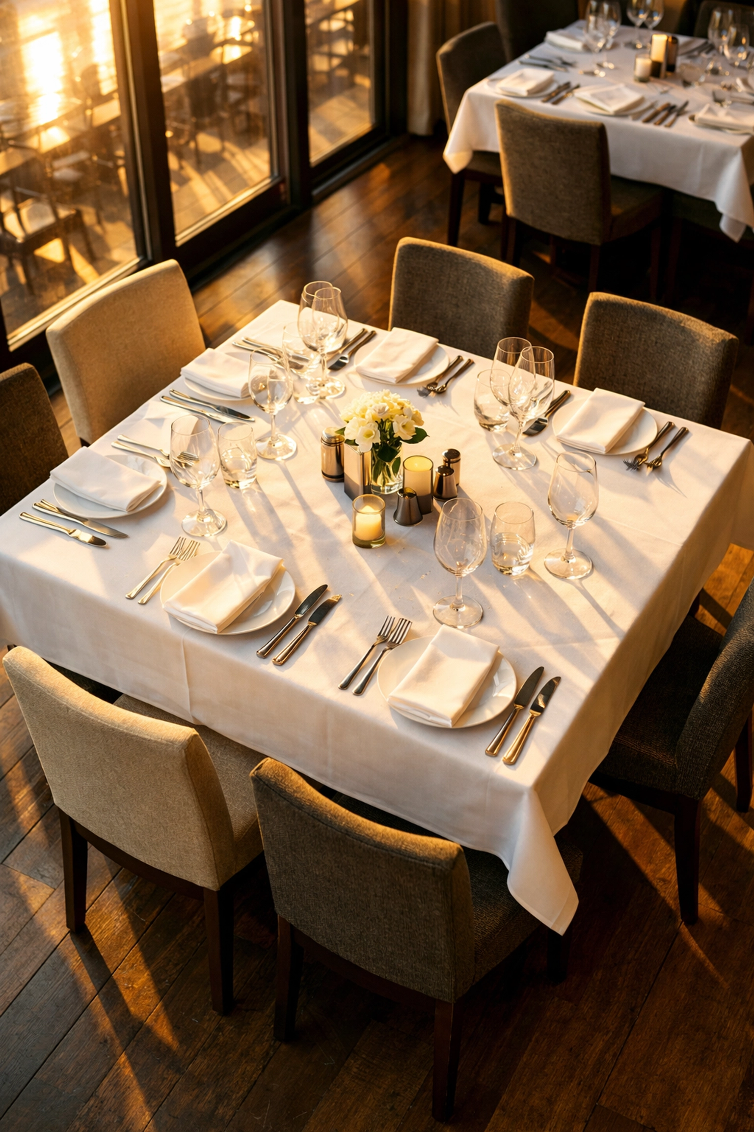 Empty restaurant table set for six showing the cost of no-show reservations