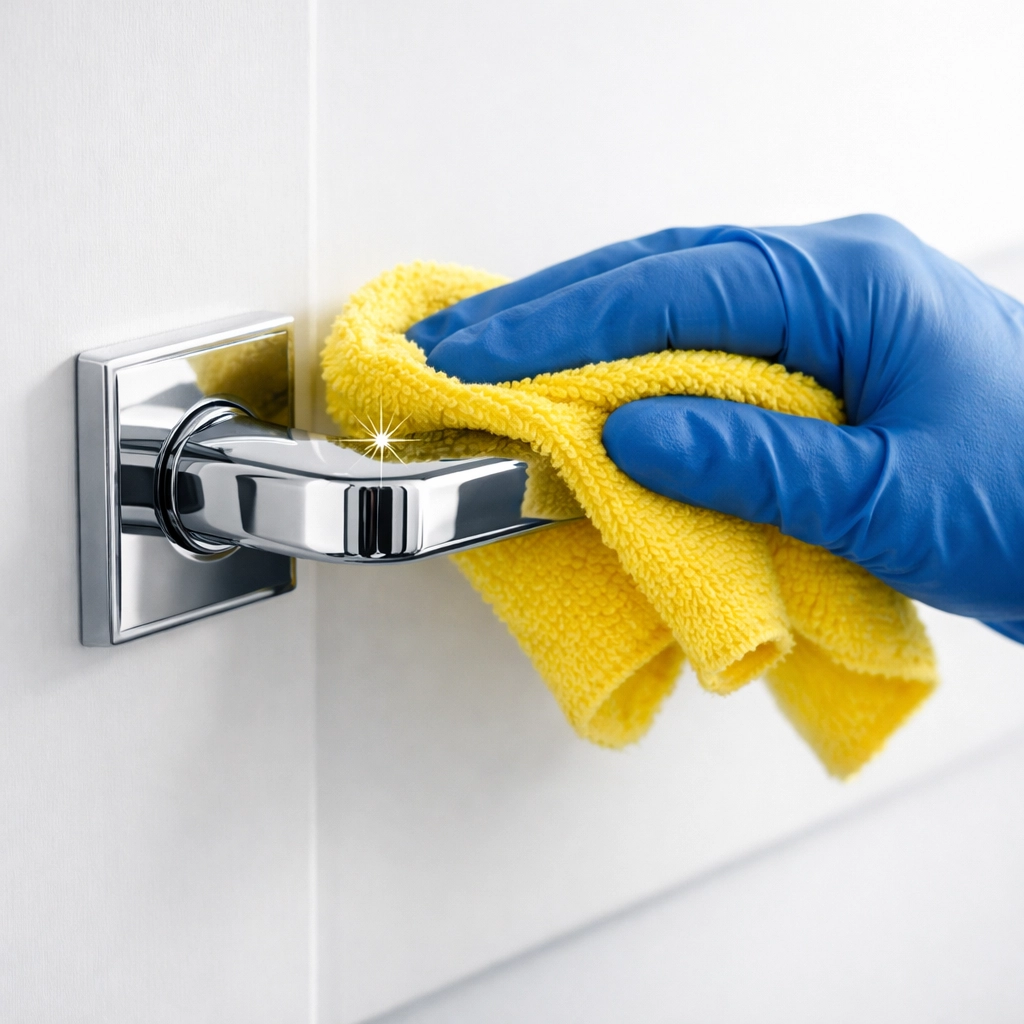 Professional hand wiping a door handle with a microfiber cloth for House Cleaning Ashby MA.