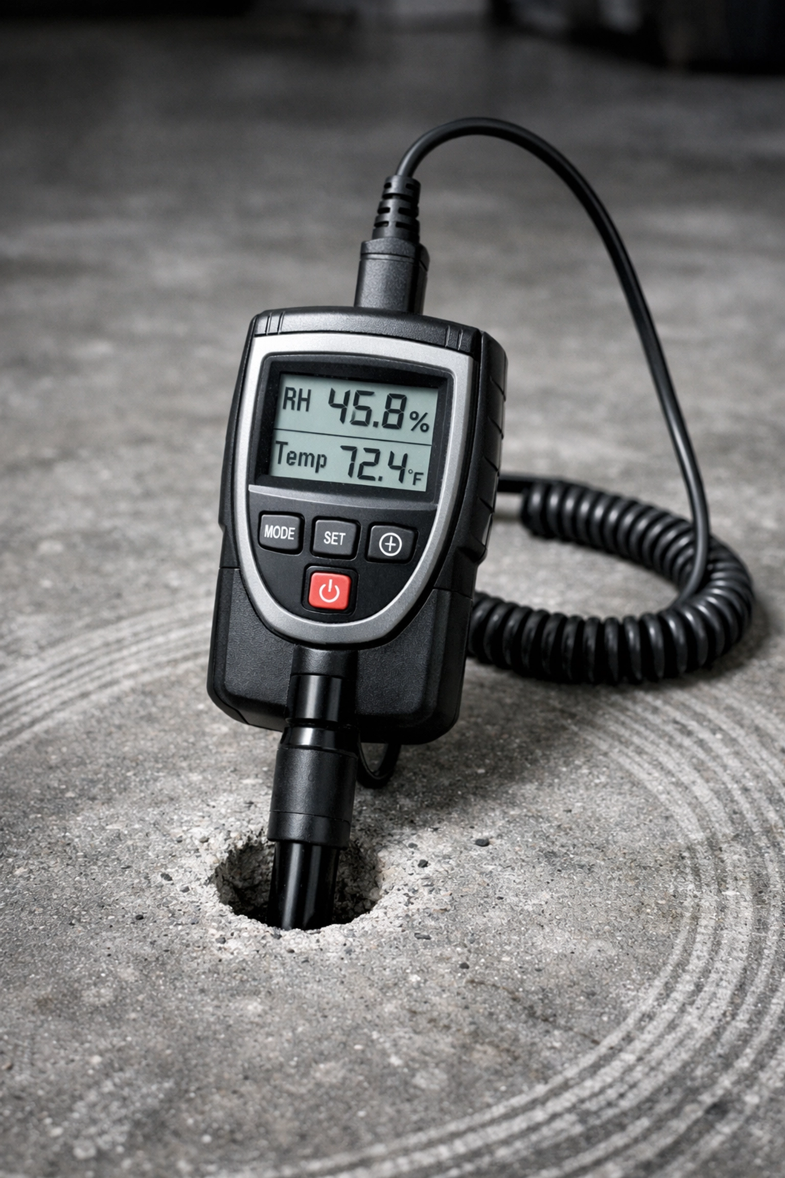 Concrete moisture testing equipment on garage floor before epoxy coating installation