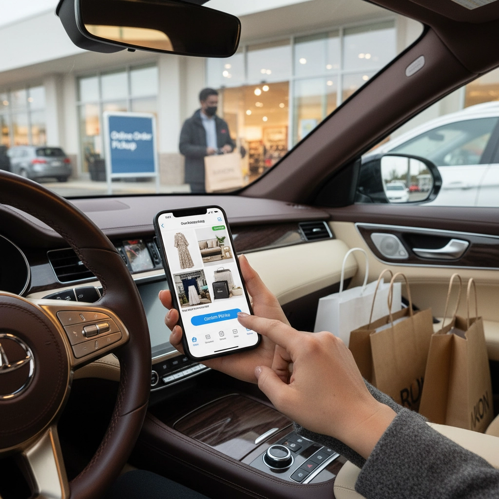 Two people sitting in a car in a mall parking lot looking at their phone, awaiting pre-ordered goods they are picking up. The Ultimate Guide to Safe & Fun Holiday Shopping