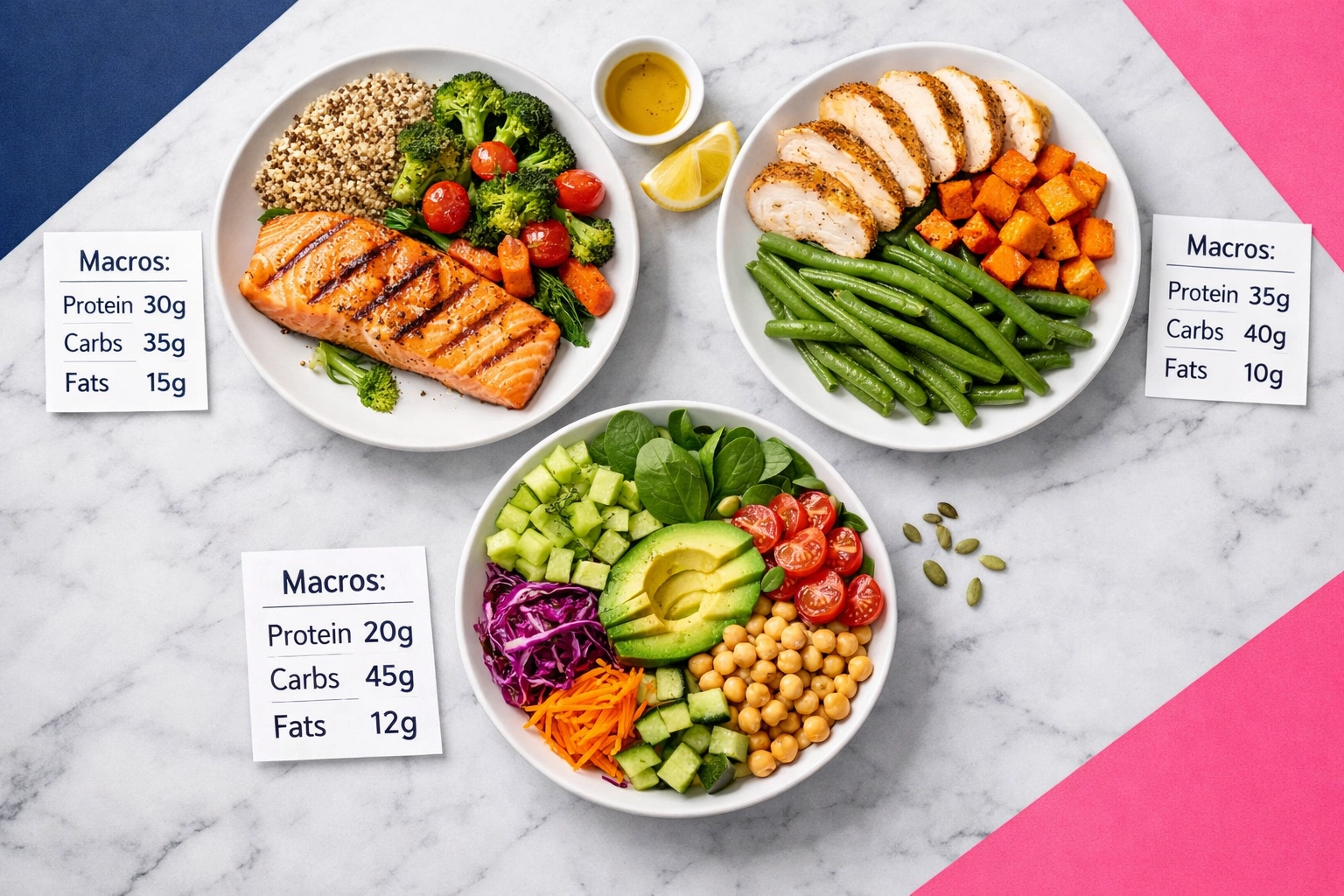 Three balanced macro-friendly meals showing protein, carbs and vegetables for weight loss