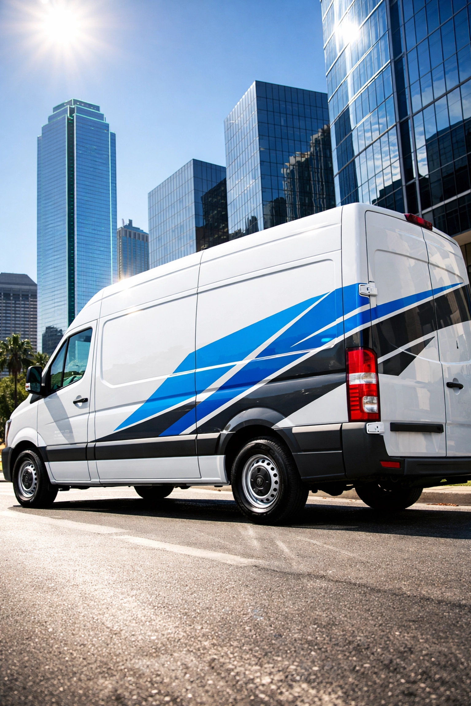 White service van with professional vehicle decal wrap graphics parked in a Dallas business area.