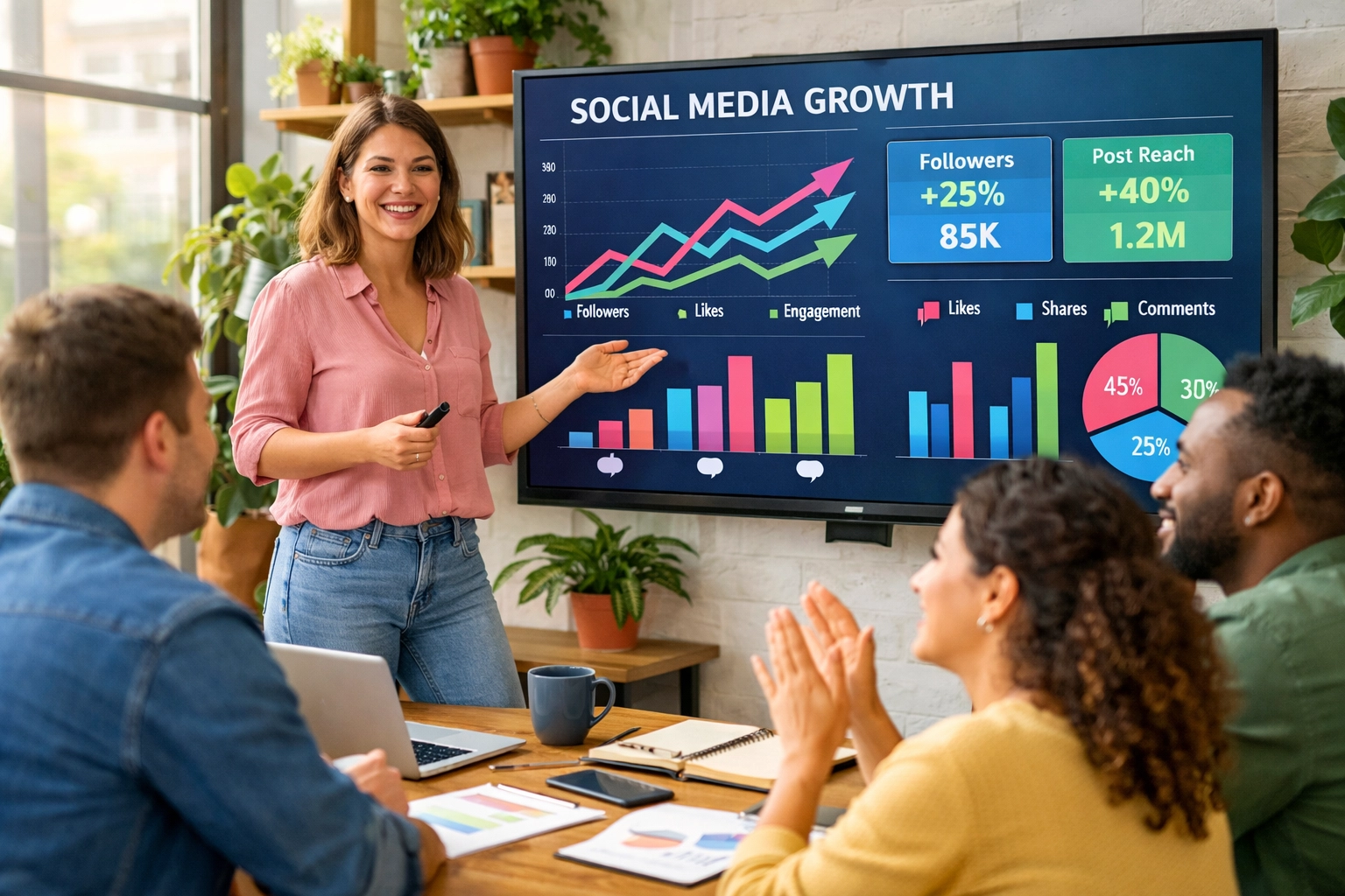 Team reviewing social media analytics and growth reports in professional office setting