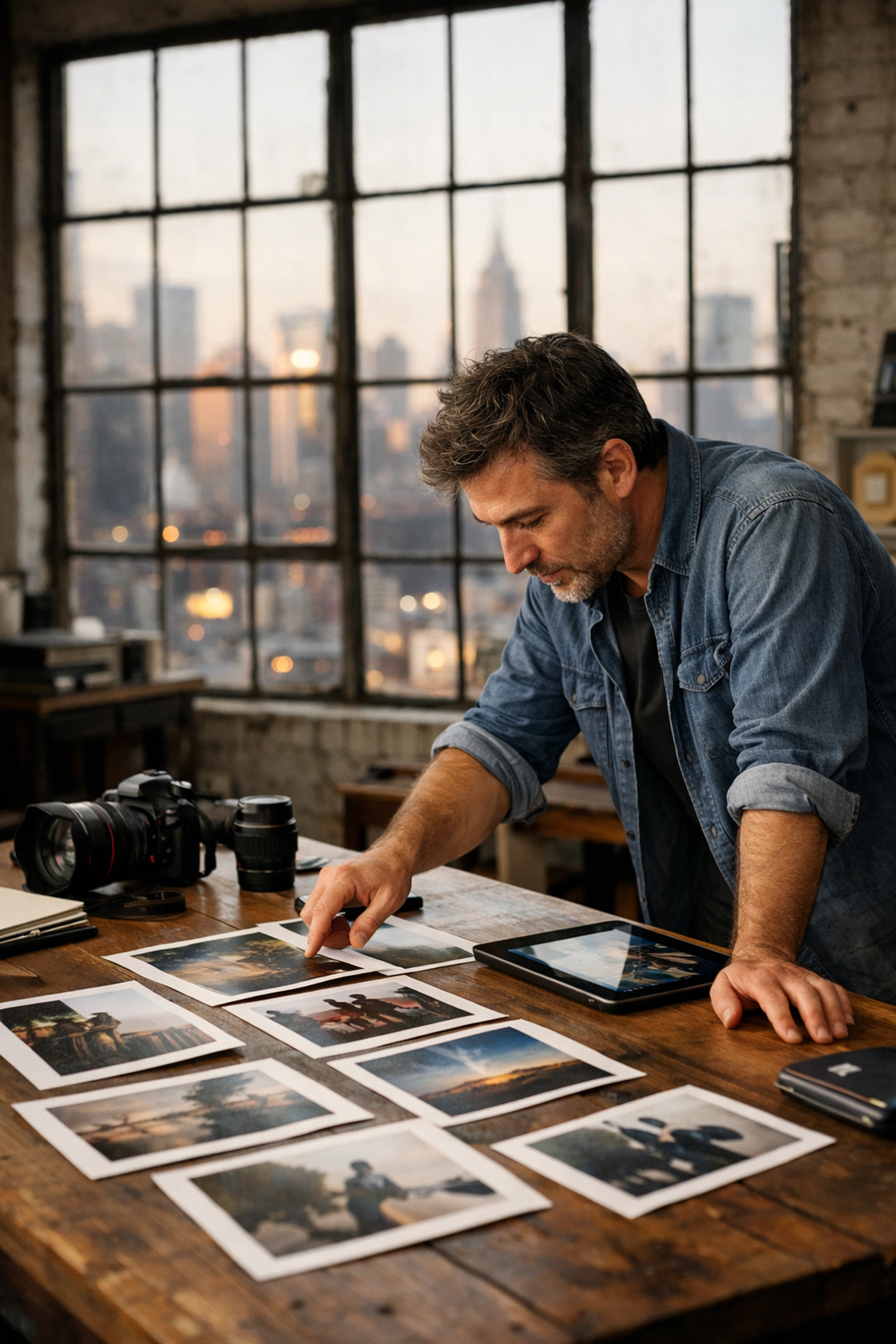 Photographer in an NYC loft reviewing professional prints and managing new client photography gigs.
