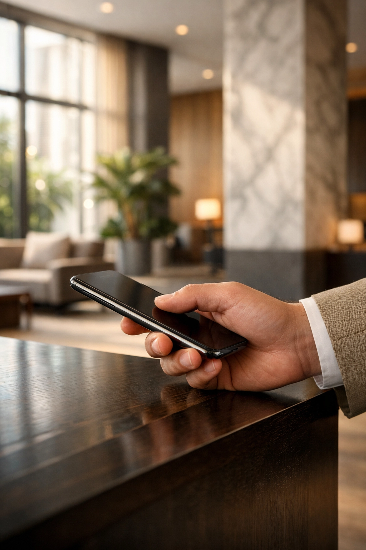 A guest using a smartphone for digital check-in in a modern, minimalist hotel lobby.