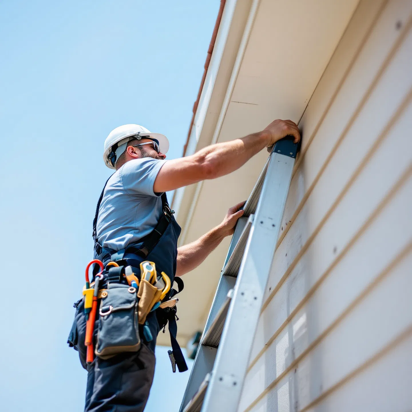 A professional tradesperson wearing safety gear works on a ladder against the exterior of a building, equipped with a full toolbelt. Ideal visual for promoting automated appointment booking, instant mobile payments, and lead capture.