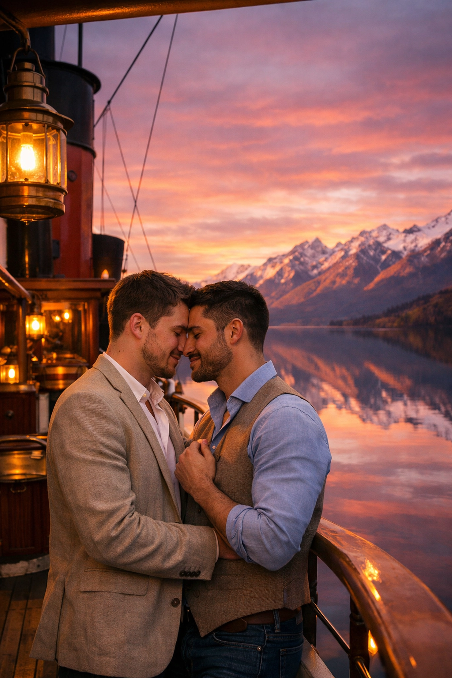 Gay couple enjoying romantic sunset dinner cruise on Lake Wakatipu Queenstown honeymoon