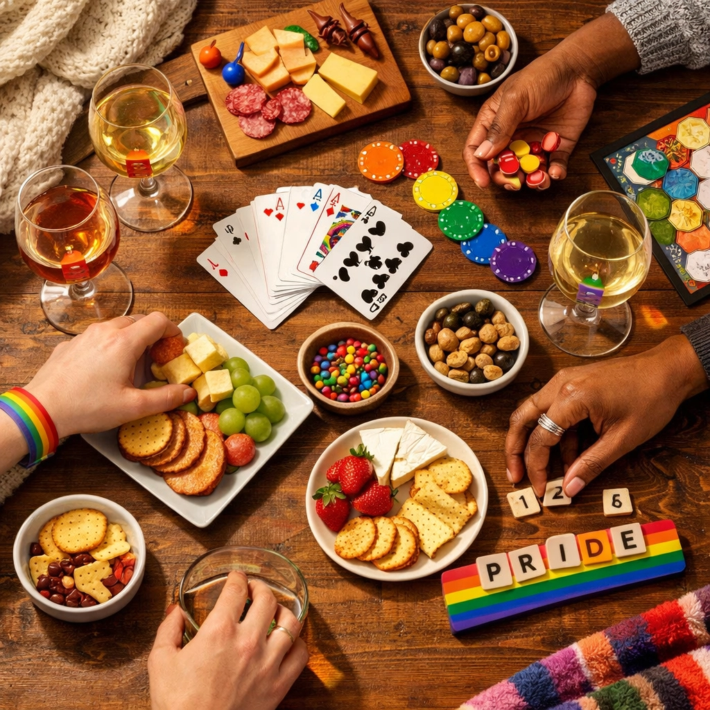 Inclusive LGBTQ+ games night spread with board games, snacks, and rainbow drink markers