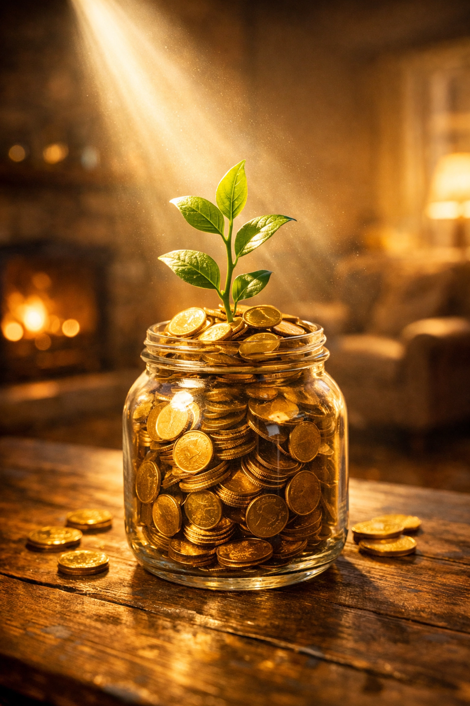 Plant growing from a jar of gold coins, representing a sustainable investment portfolio for FIRE.