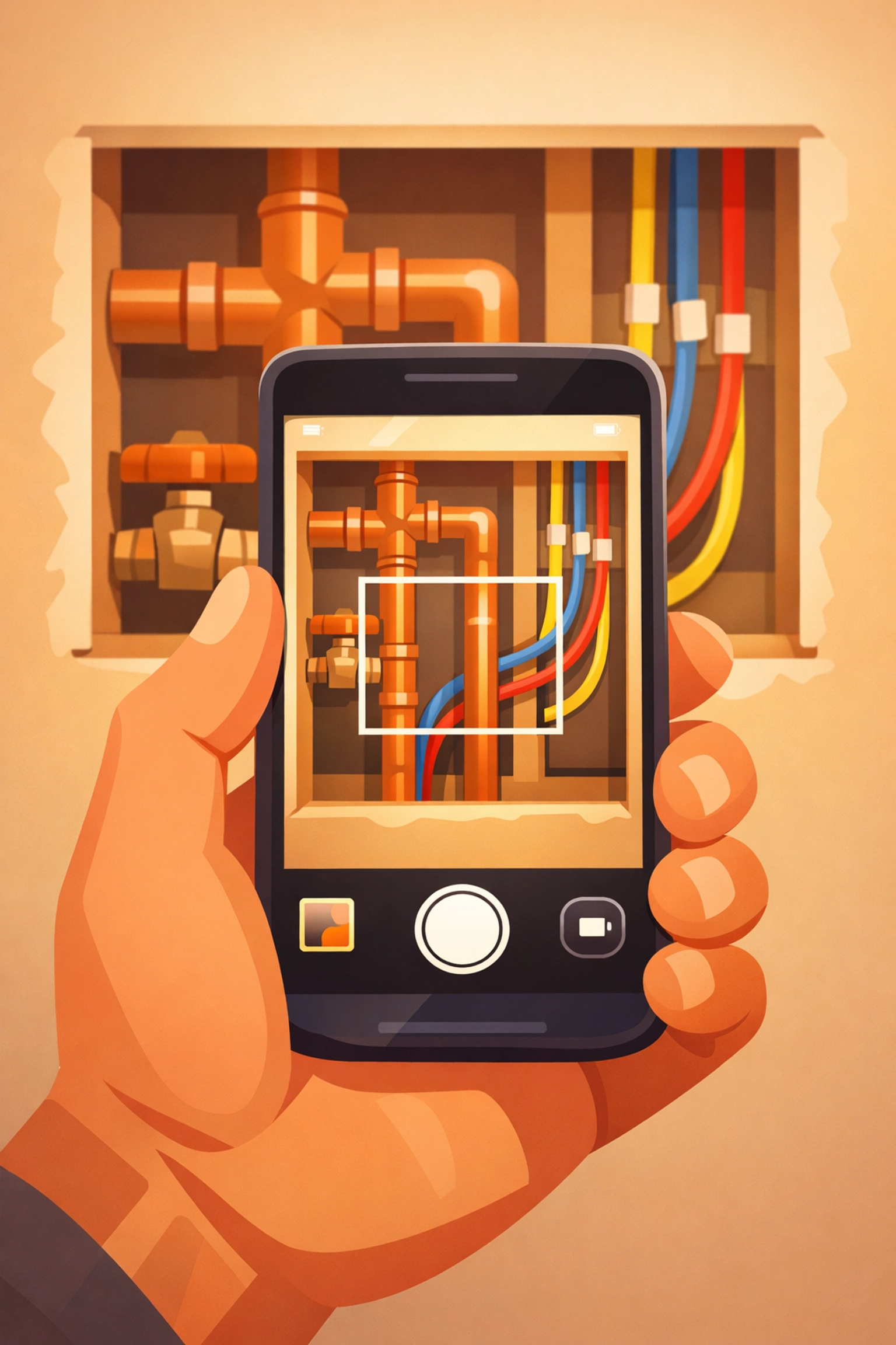 Using a contractor job app for construction photo documentation of plumbing and wiring work.