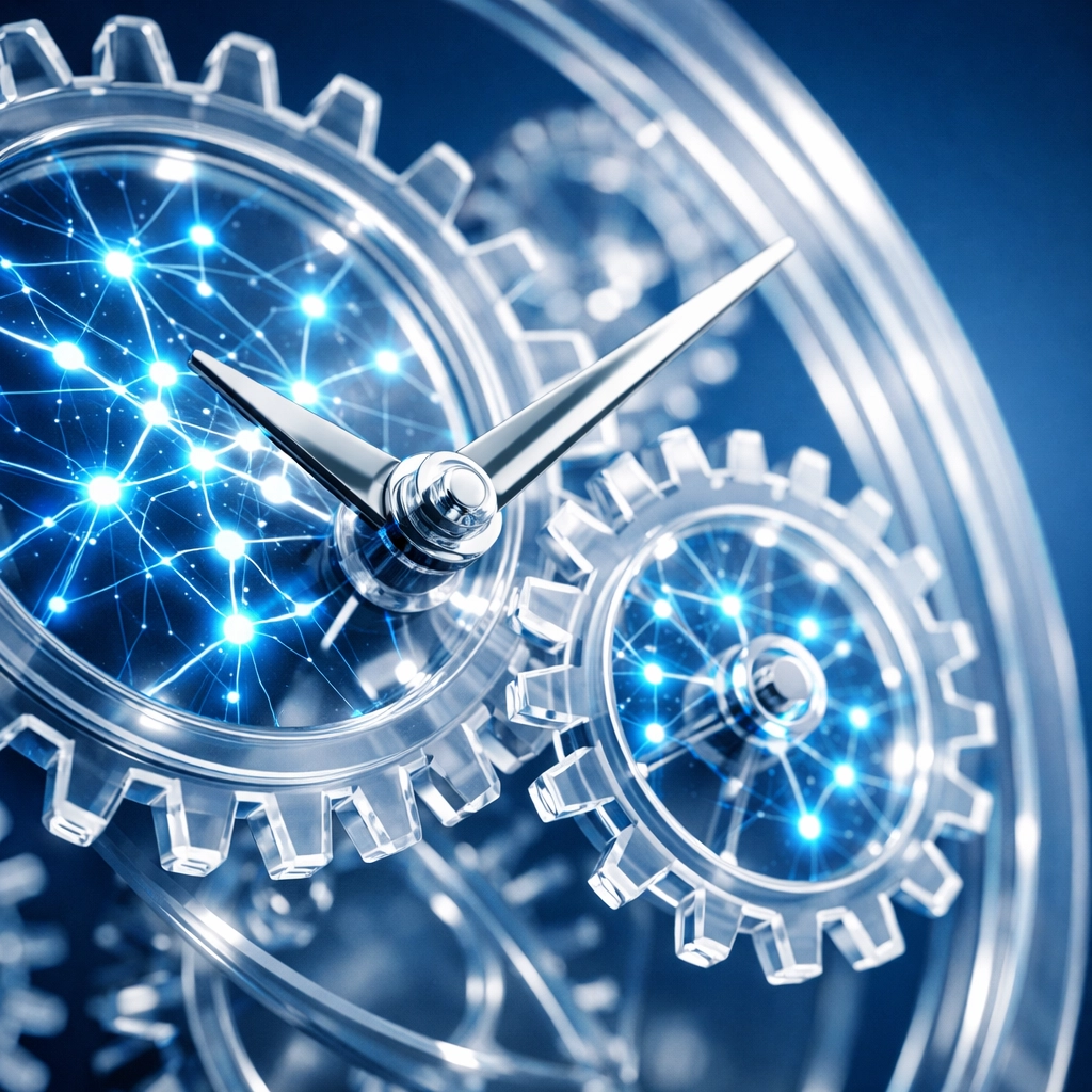 Glowing clockwork mechanism symbolizing custom automation logic for high-volume business decisions.