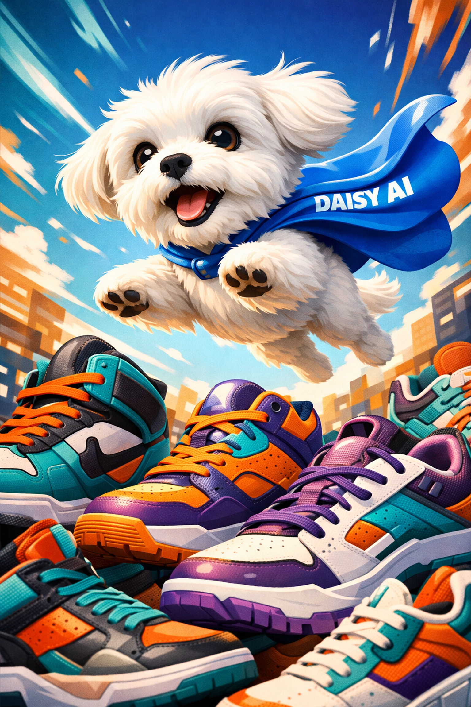Heroic Daisy AI overlooking colorful sneakers representing a reliable shoe authentication service for resellers.