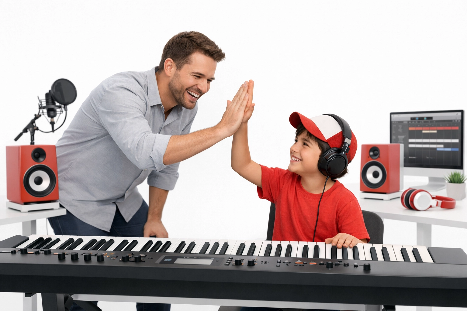 iPianoLab instructor giving a high-five to a student at a keyboard, highlighting fun beginner piano lessons.