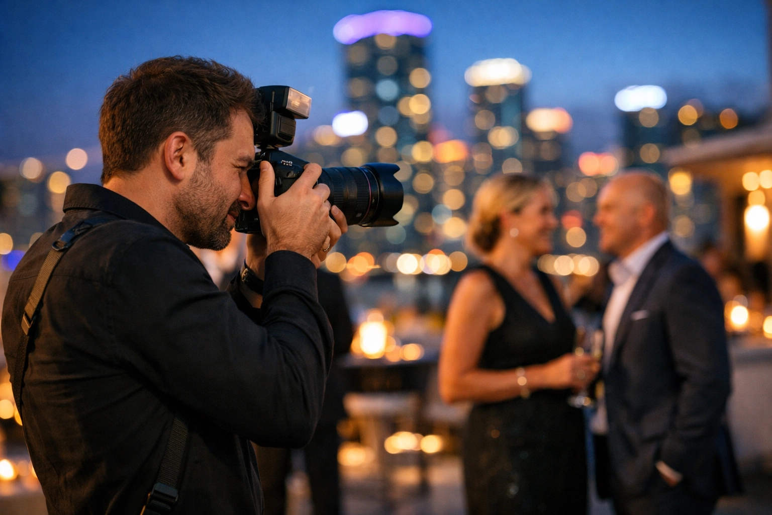 A professional Miami event photographer capturing a corporate gala on a rooftop with the Brickell skyline in the background.
