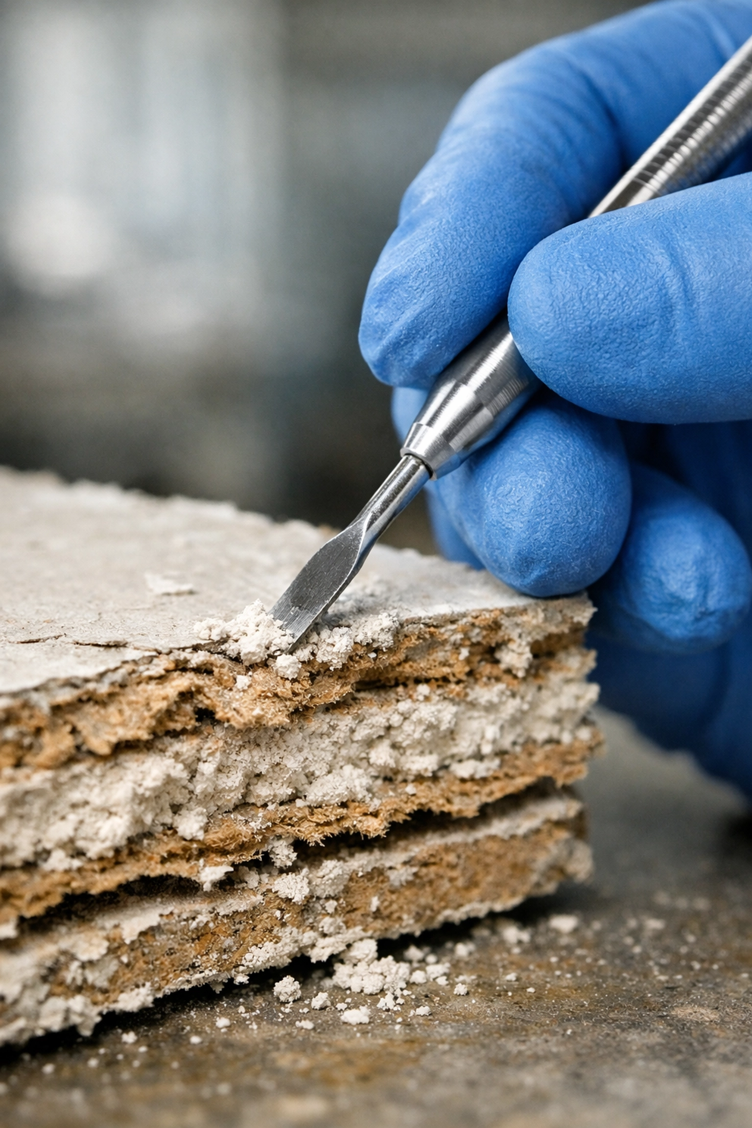 Environmental technician collecting a sample of vintage drywall for hazardous material testing and analysis.