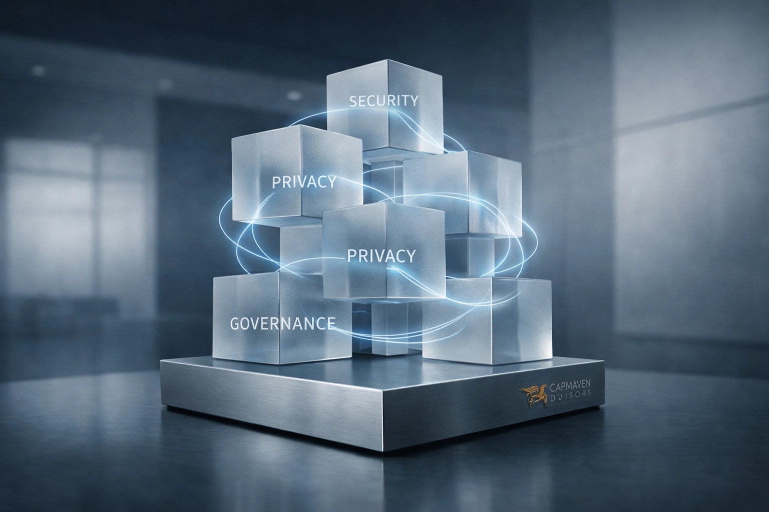 Interconnected trust stack showing data privacy and governance to boost startup valuation.