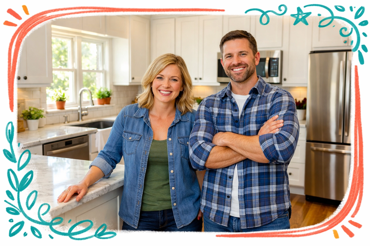 Happy homeowners in beautifully renovated kitchen after renovate now pay later program Happy homeowners in beautifully renovated kitchen after renovate now pay later program