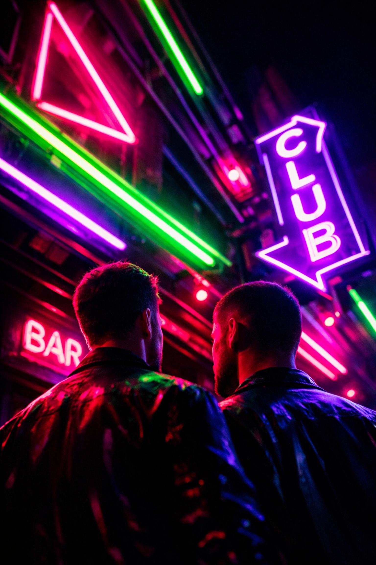 Neon-lit gay nightclub entrance with two men under colorful lights at night