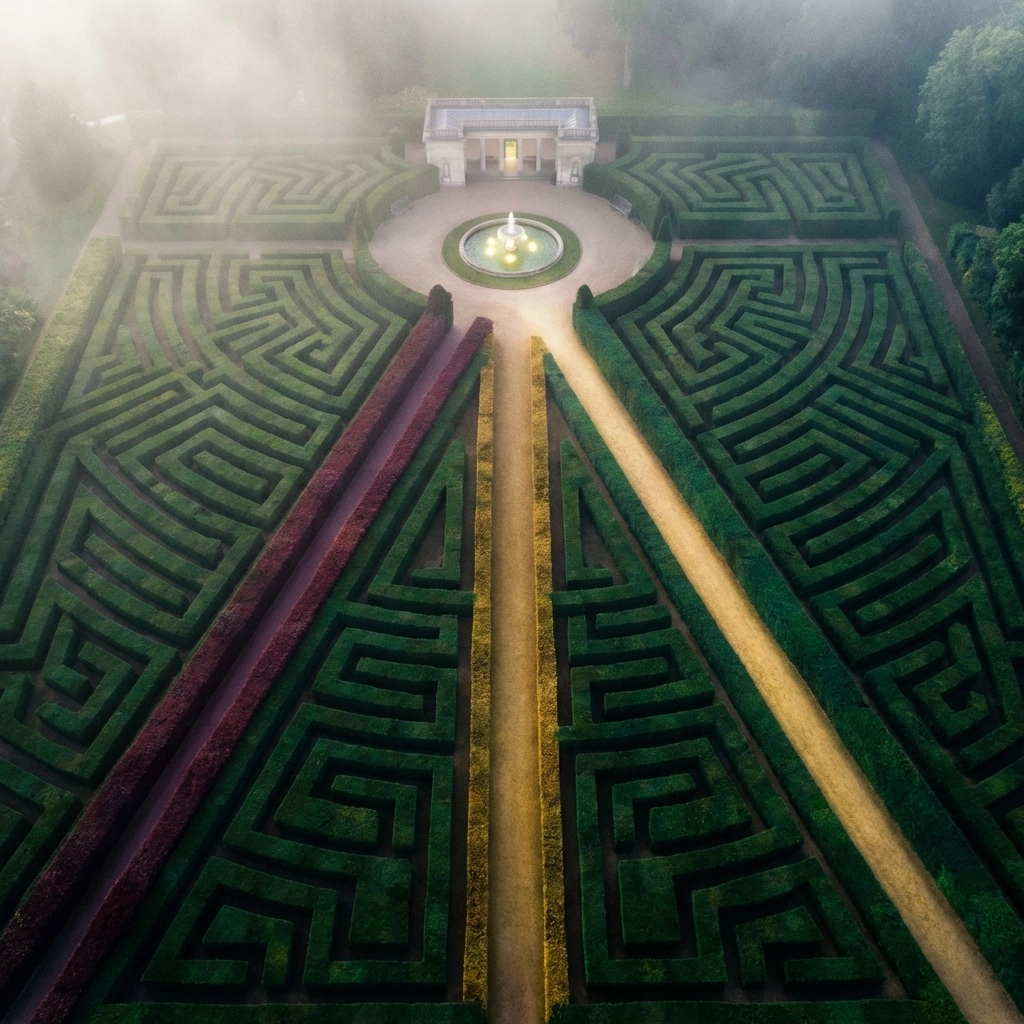 A hedge maze with multiple colored paths converging, representing diverse investment strategies in private equity diversification.